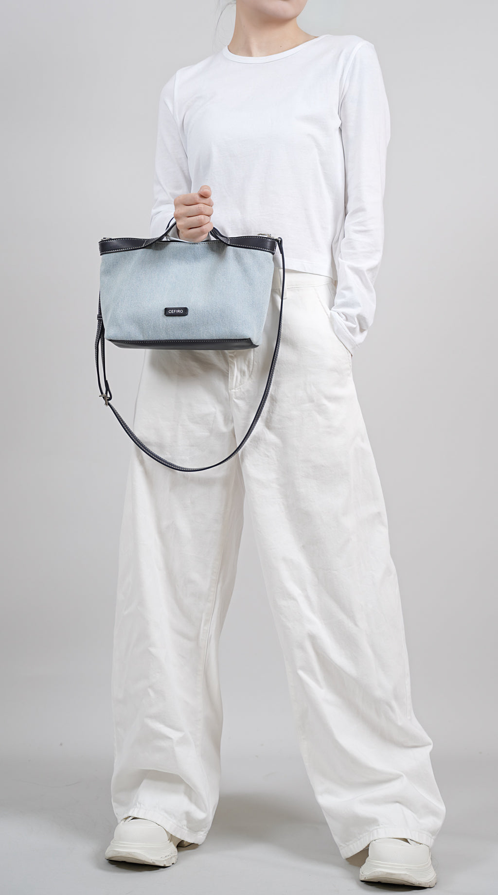 CEFIRO Denim Shoulder Bag with Vegan Leather Trim