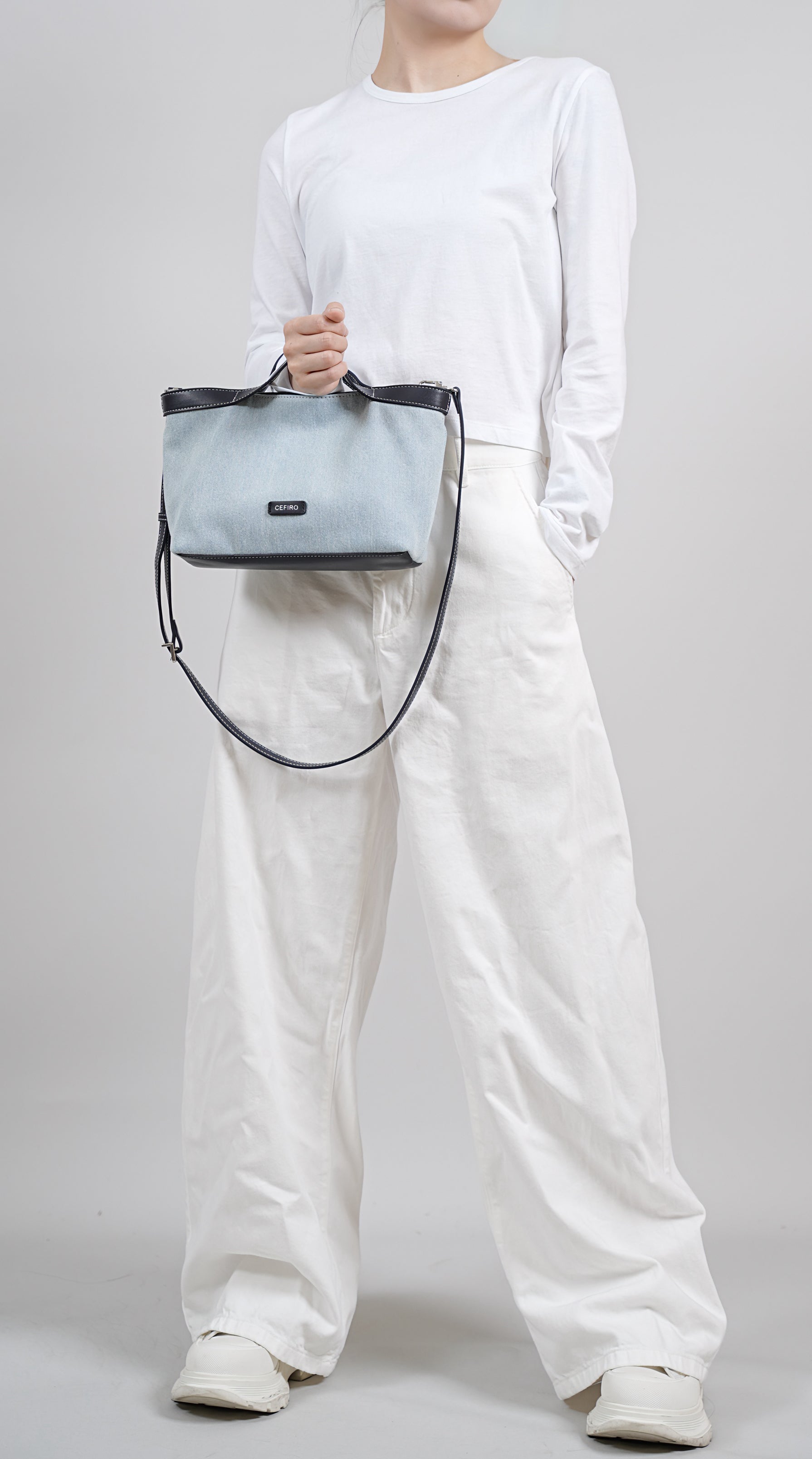 CEFIRO Denim Shoulder Bag with Vegan Leather Trim