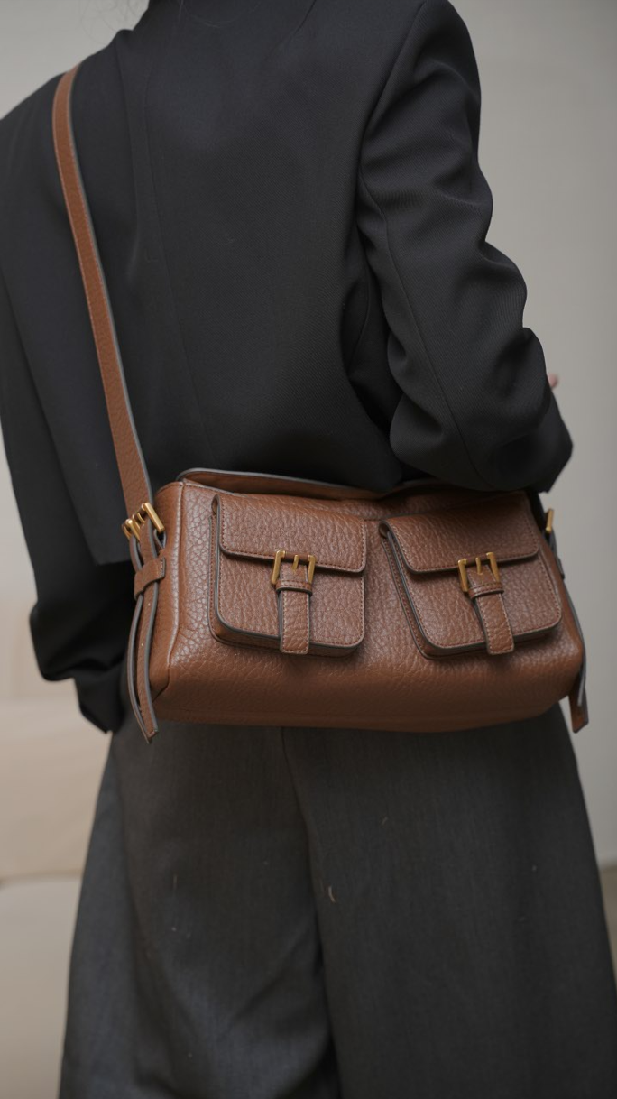 CEFIRO Vintage Dual-Pocket Shoulder Bag – Brown Vegan Leather Crossbody Bag