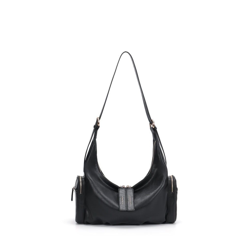 CEFIRO Soft Lambskin Shoulder Bag – Black Crescent Hobo Bag with Adjustable Strap