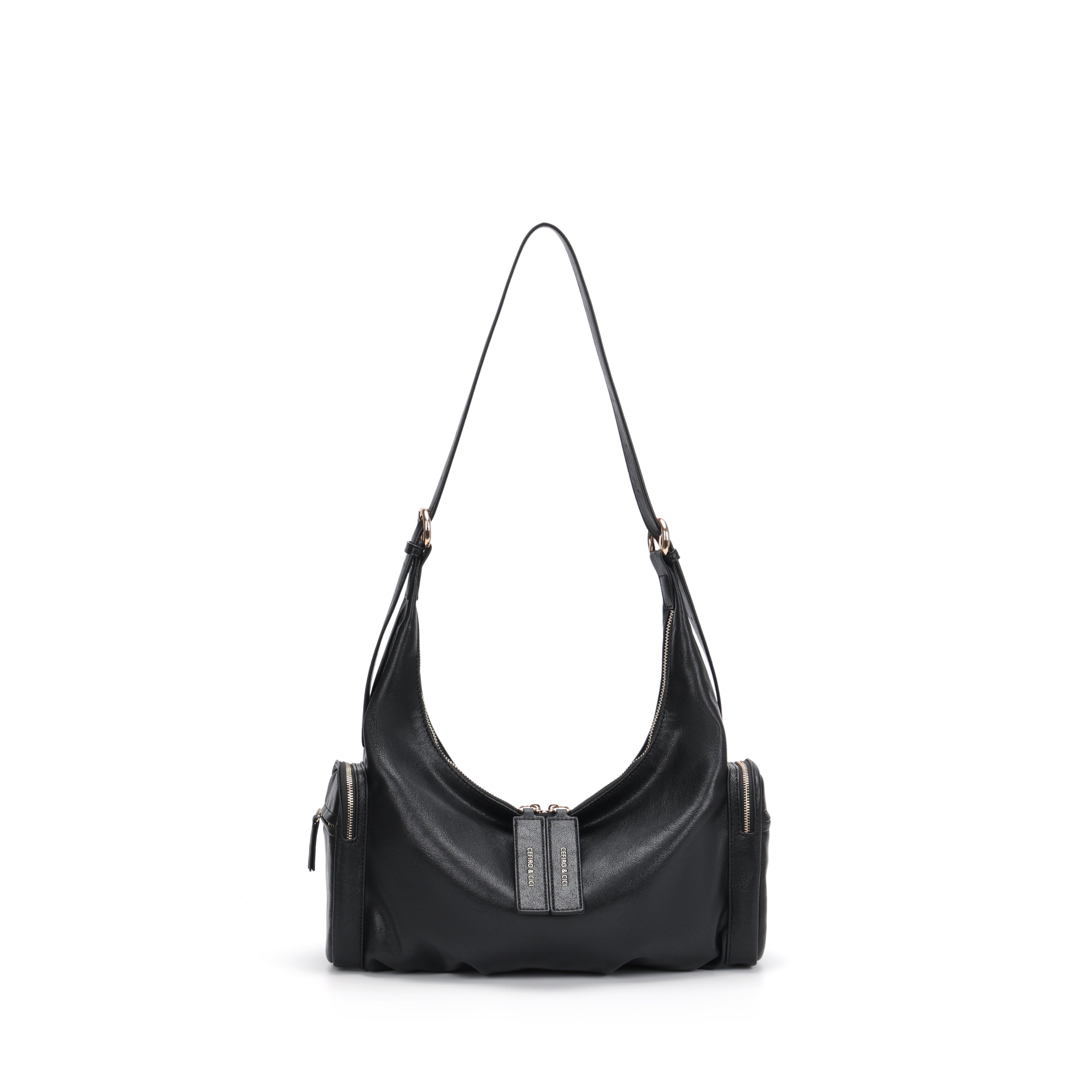CEFIRO Soft Lambskin Shoulder Bag – Black Crescent Hobo Bag with Adjustable Strap