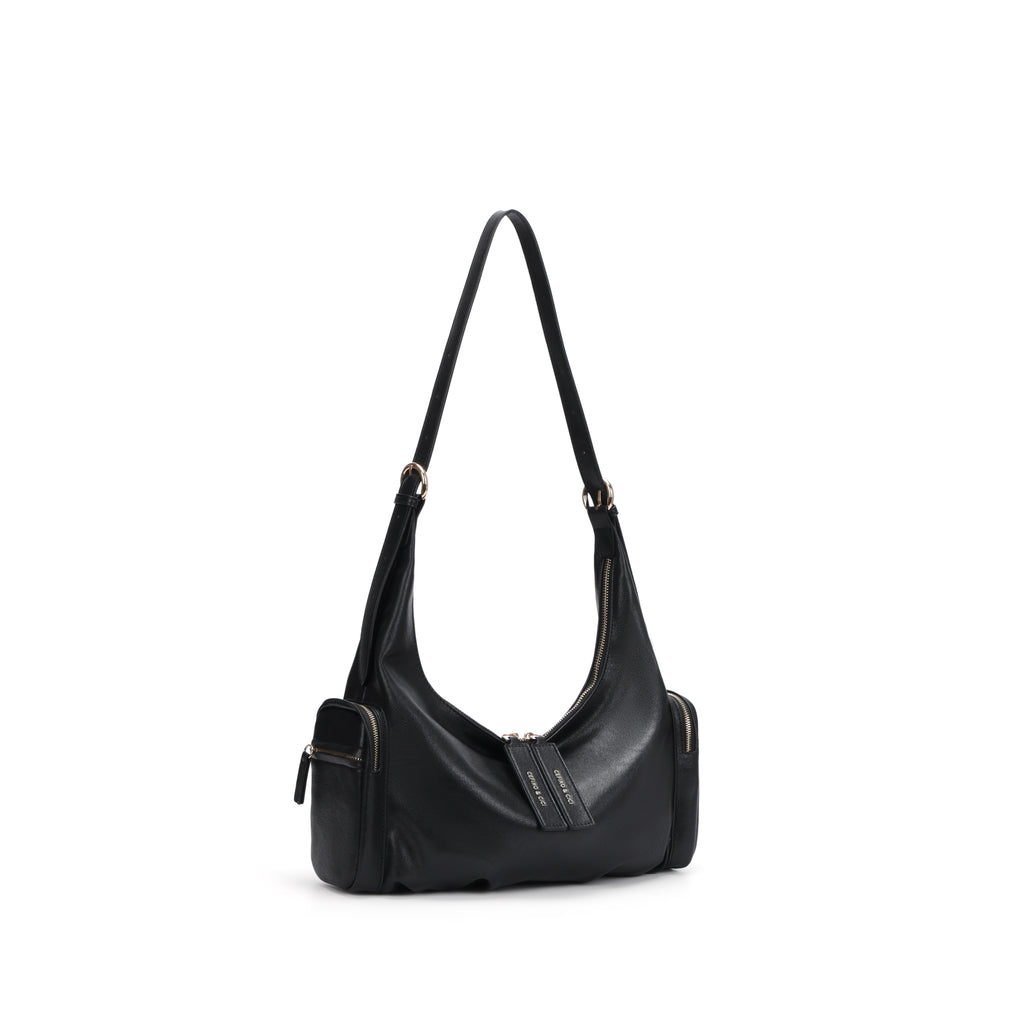 CEFIRO Soft Lambskin Shoulder Bag – Black Crescent Hobo Bag with Adjustable Strap