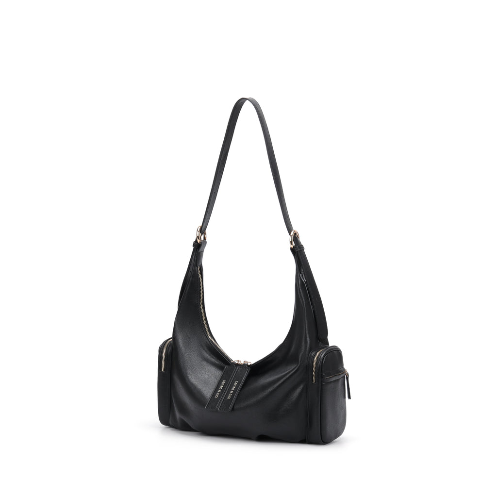 CEFIRO Soft Lambskin Shoulder Bag – Black Crescent Hobo Bag with Adjustable Strap