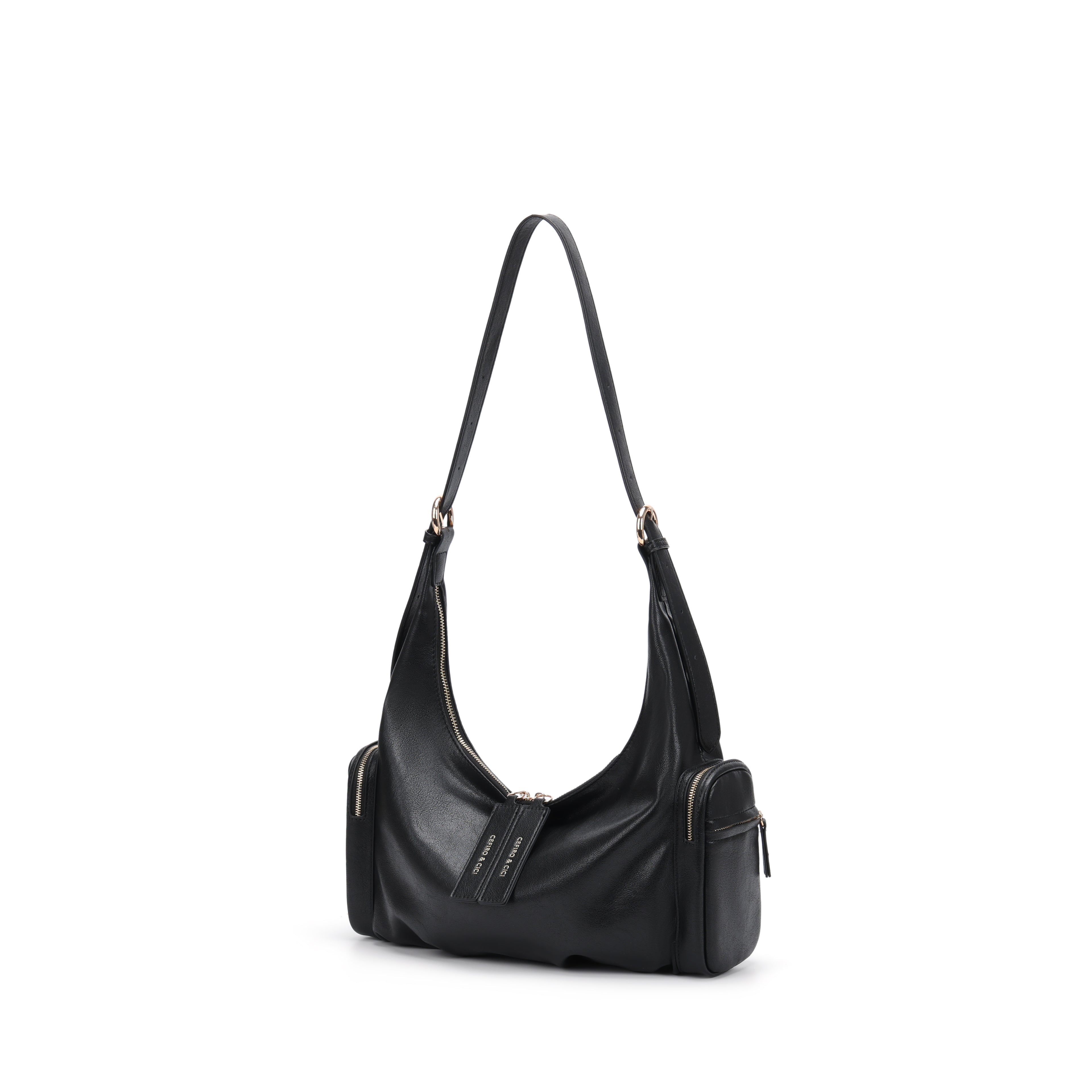 CEFIRO Soft Lambskin Shoulder Bag – Black Crescent Hobo Bag with Adjustable Strap