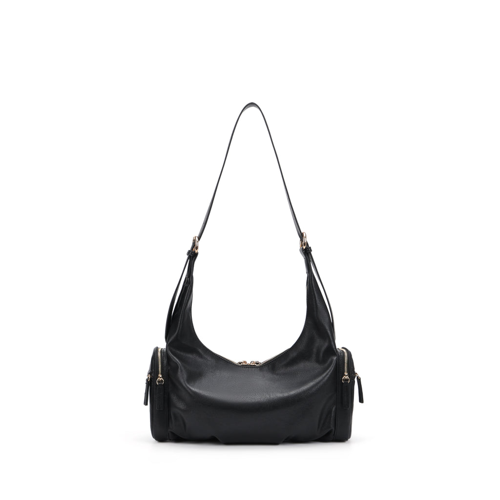 CEFIRO Soft Lambskin Shoulder Bag – Black Crescent Hobo Bag with Adjustable Strap