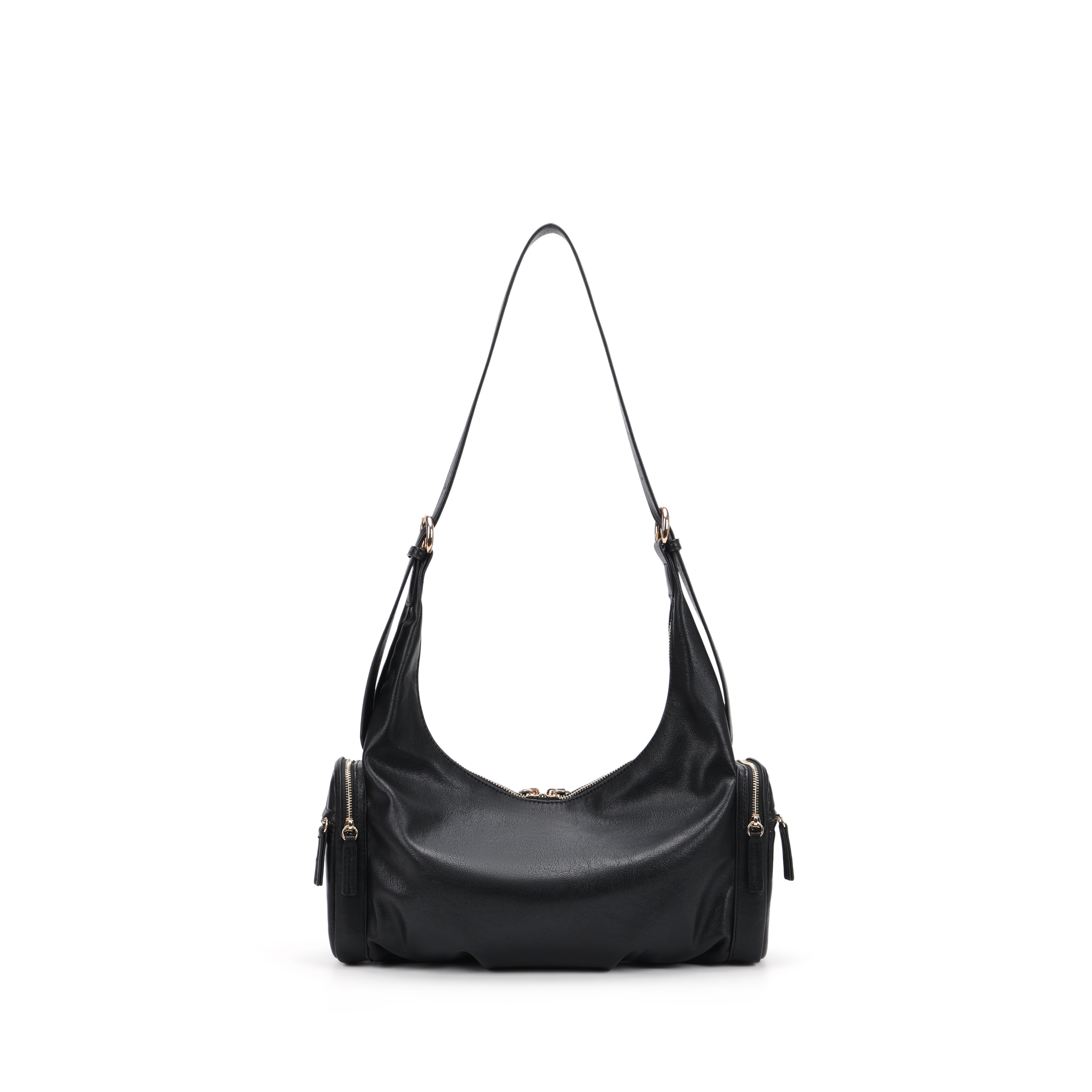 CEFIRO Soft Lambskin Shoulder Bag – Black Crescent Hobo Bag with Adjustable Strap