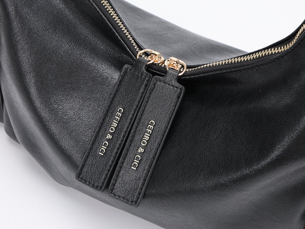 CEFIRO Soft Lambskin Shoulder Bag – Black Crescent Hobo Bag with Adjustable Strap