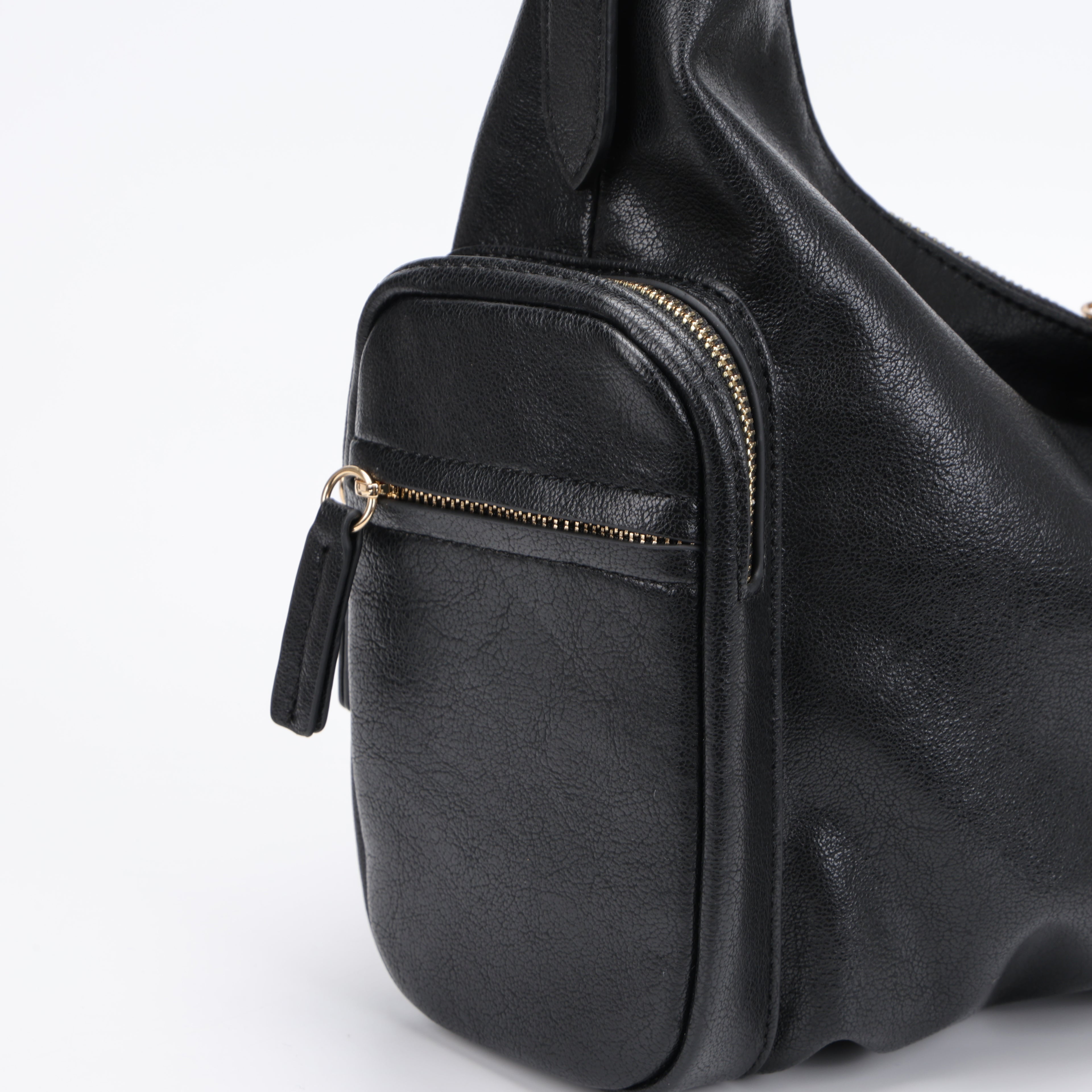 CEFIRO Soft Lambskin Shoulder Bag – Black Crescent Hobo Bag with Adjustable Strap