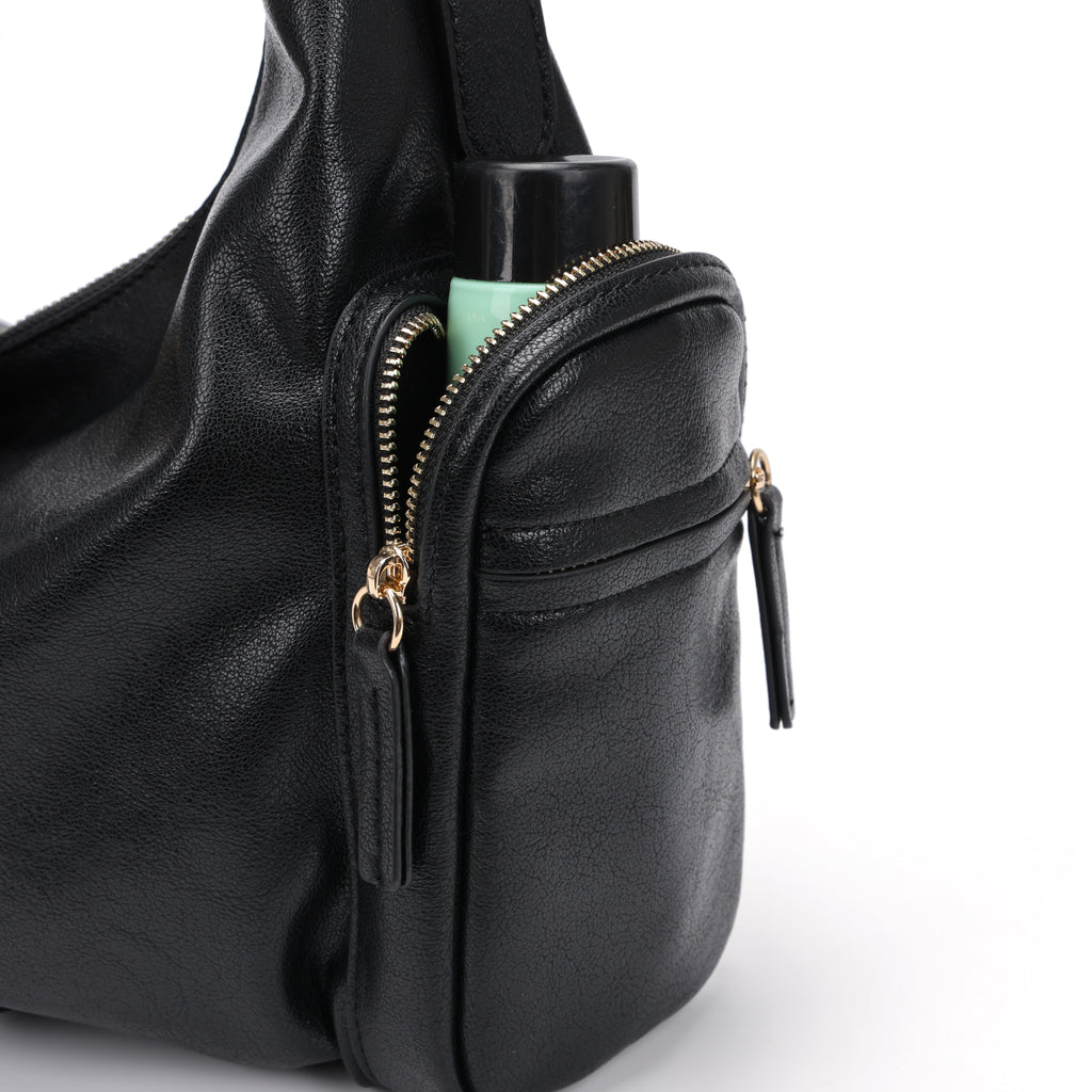 CEFIRO Soft Lambskin Shoulder Bag – Black Crescent Hobo Bag with Adjustable Strap
