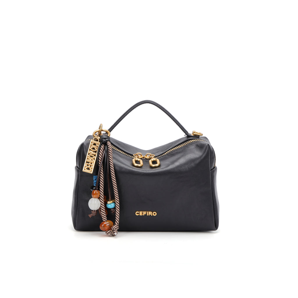 CEFIRO Structured Mini Shoulder Bag – Black Vegan Leather Crossbody & Top Handle Bag