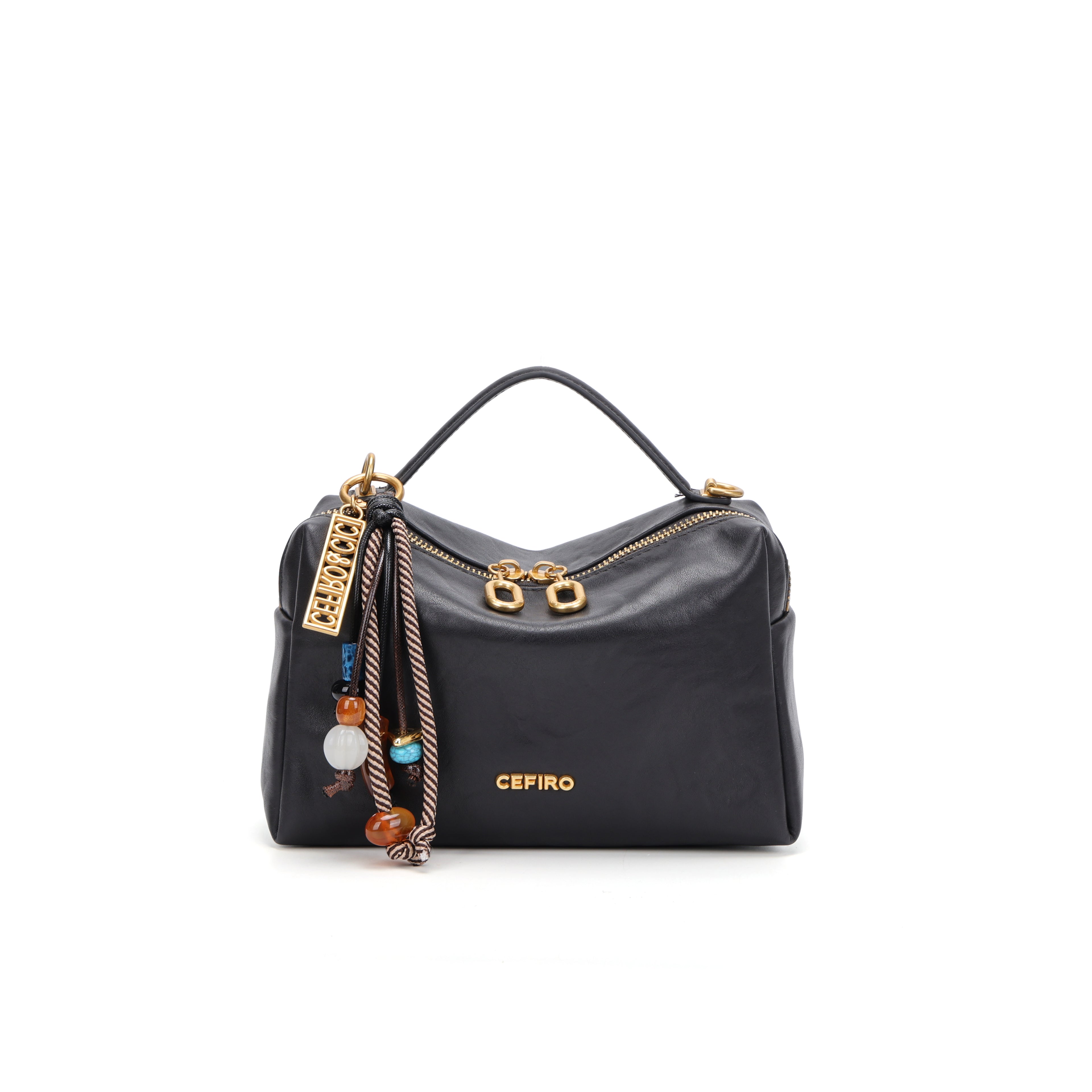 CEFIRO Structured Mini Shoulder Bag – Black Vegan Leather Crossbody & Top Handle Bag