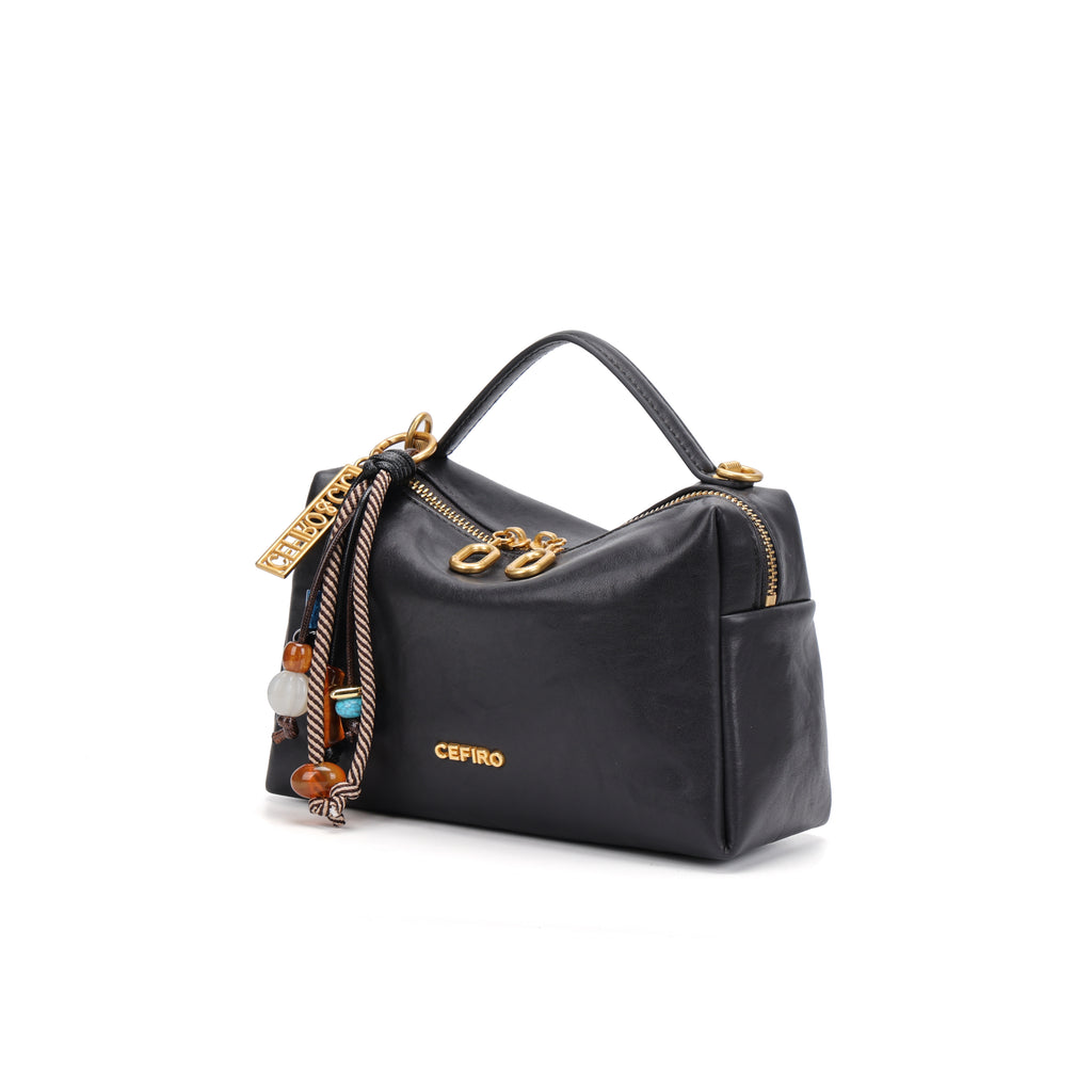 CEFIRO Structured Mini Shoulder Bag – Black Vegan Leather Crossbody & Top Handle Bag