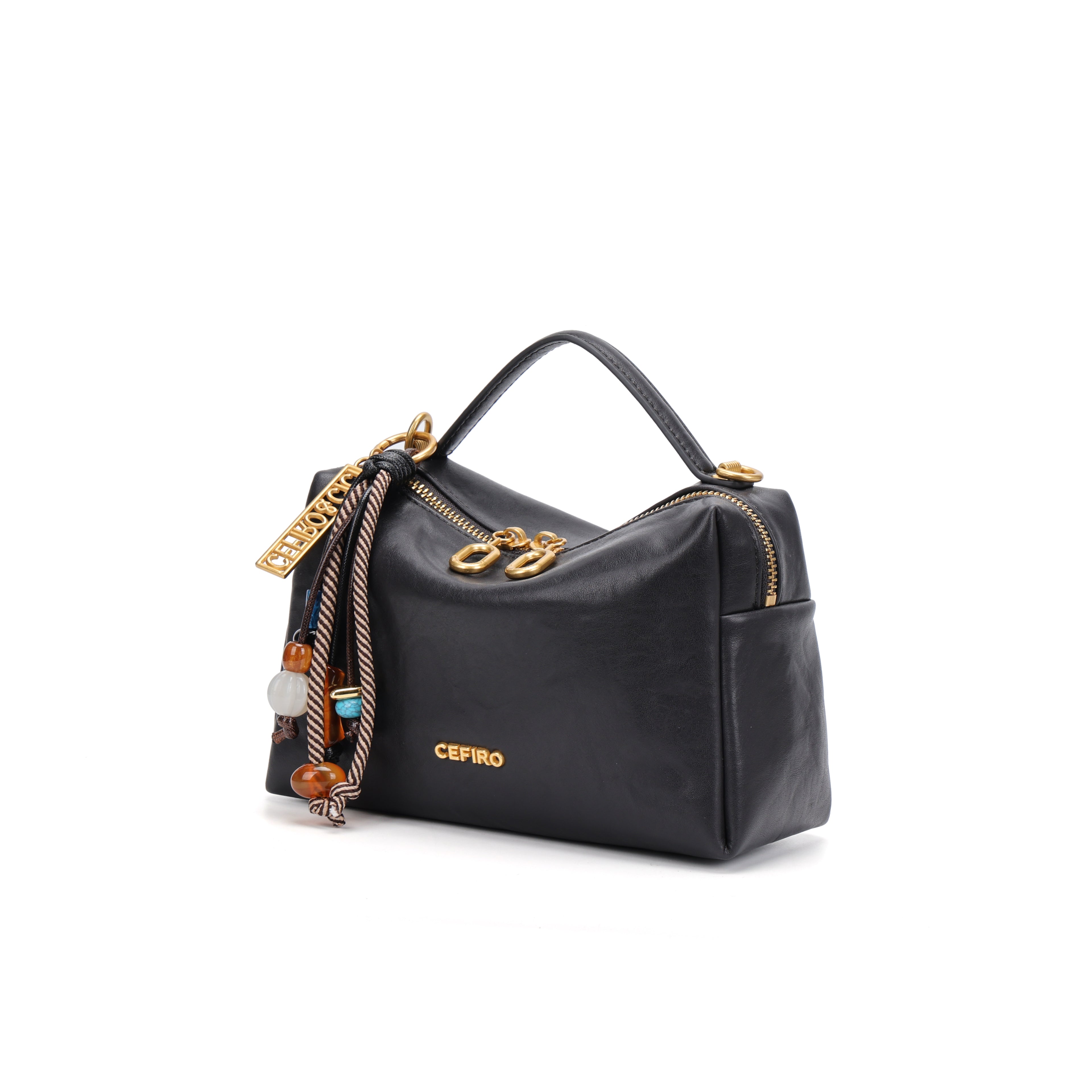 CEFIRO Structured Mini Shoulder Bag – Black Vegan Leather Crossbody & Top Handle Bag