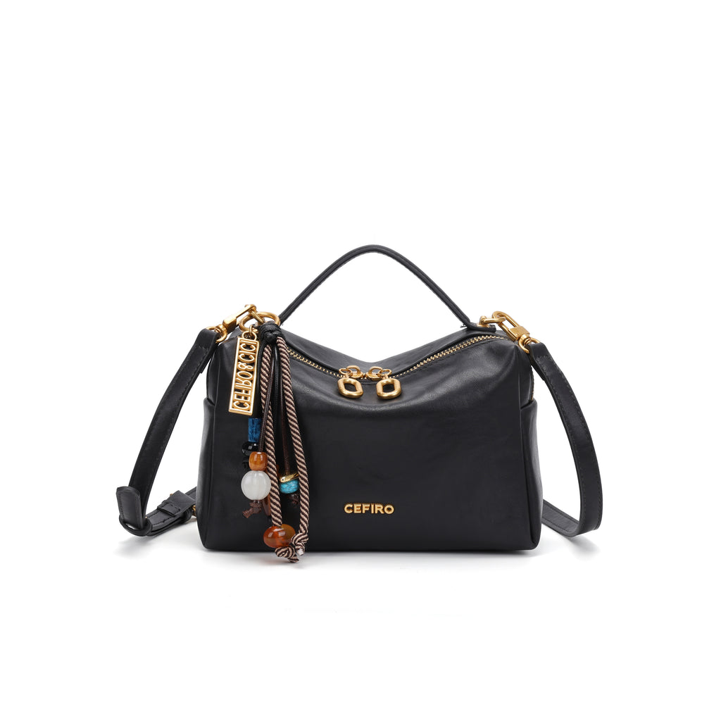 CEFIRO Structured Mini Shoulder Bag – Black Vegan Leather Crossbody & Top Handle Bag