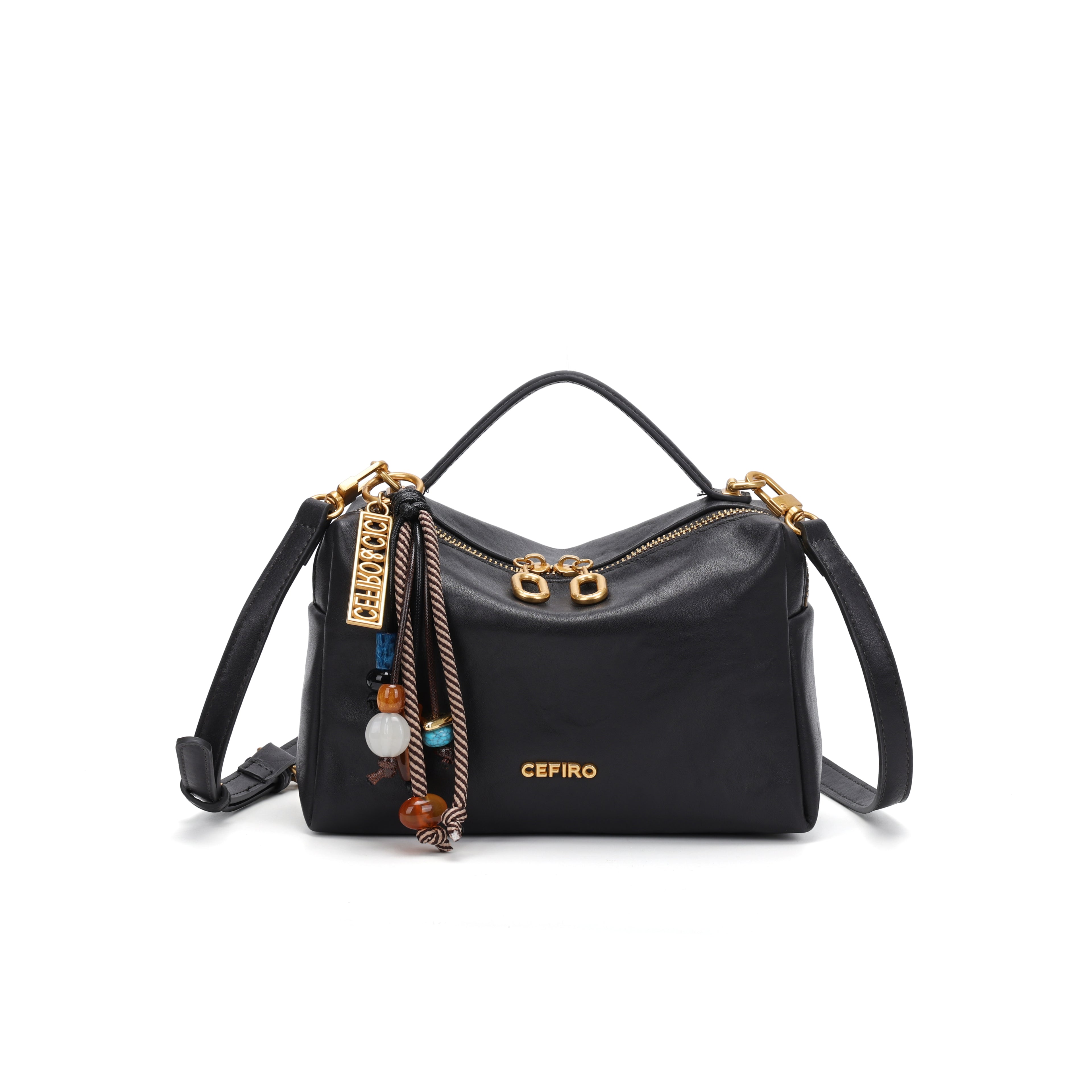 CEFIRO Structured Mini Shoulder Bag – Black Vegan Leather Crossbody & Top Handle Bag