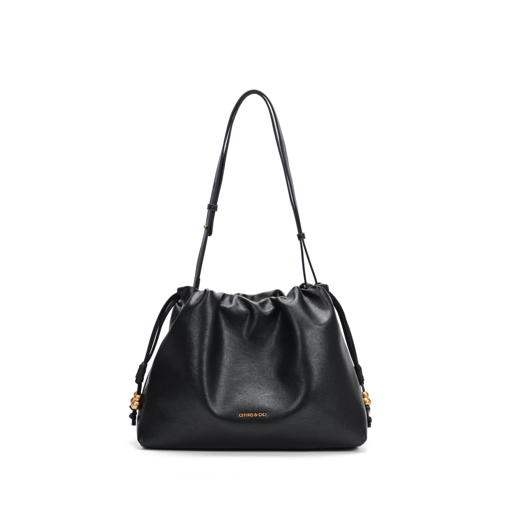 CEFIRO Soft Slouchy Shoulder Bag – Black Vegan Leather Drawstring Hobo Bag