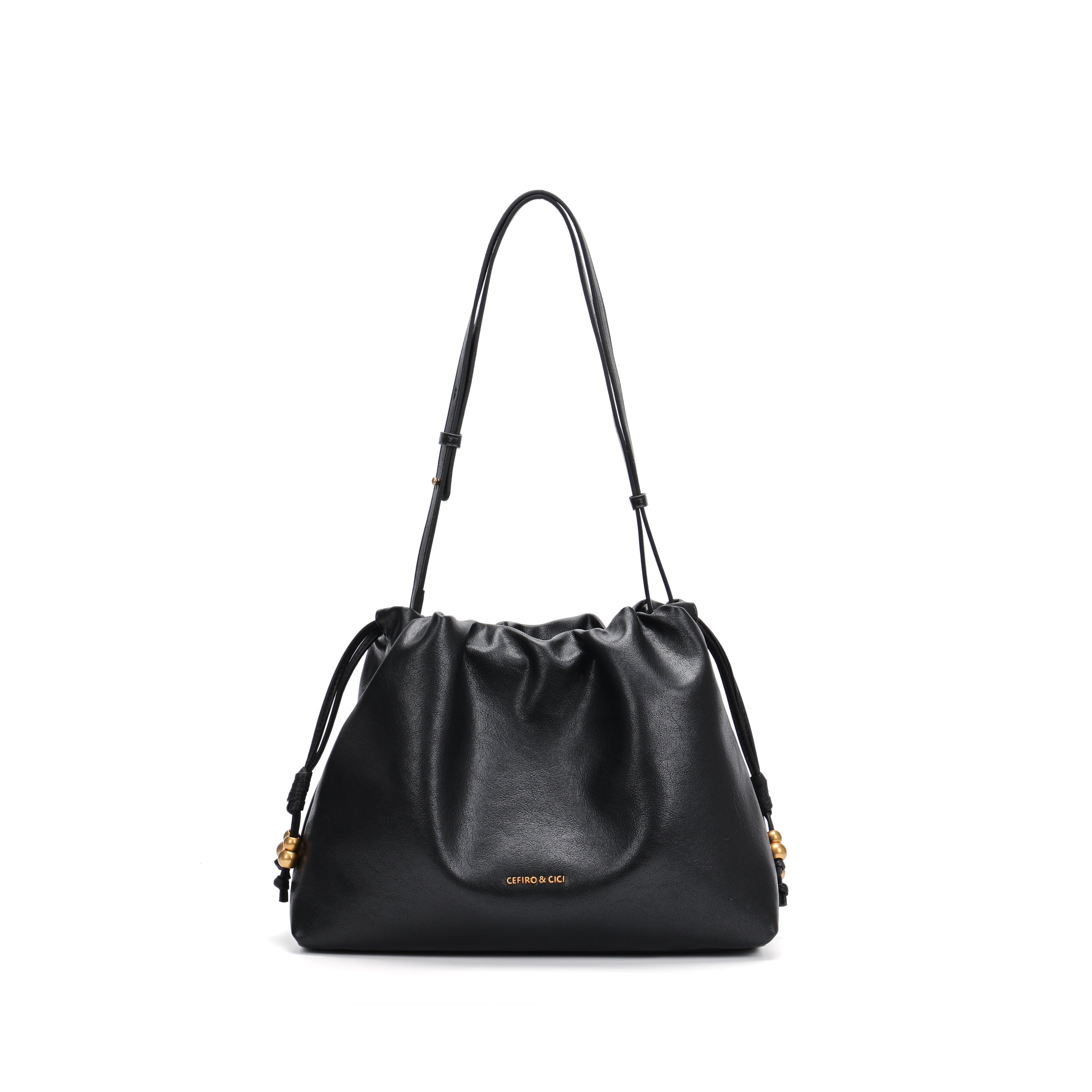CEFIRO Soft Slouchy Shoulder Bag – Black Vegan Leather Drawstring Hobo Bag