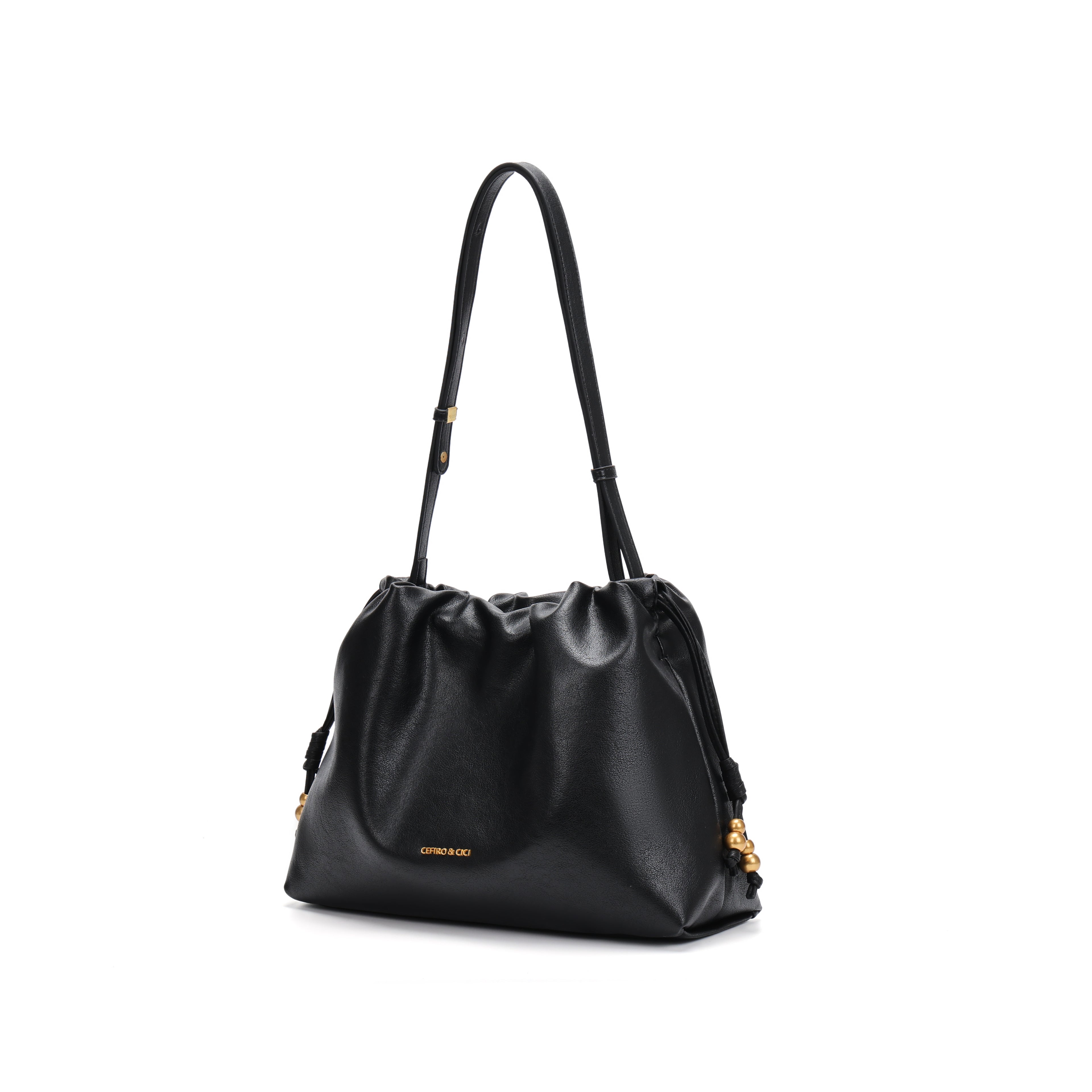 CEFIRO Soft Slouchy Shoulder Bag – Black Vegan Leather Drawstring Hobo Bag
