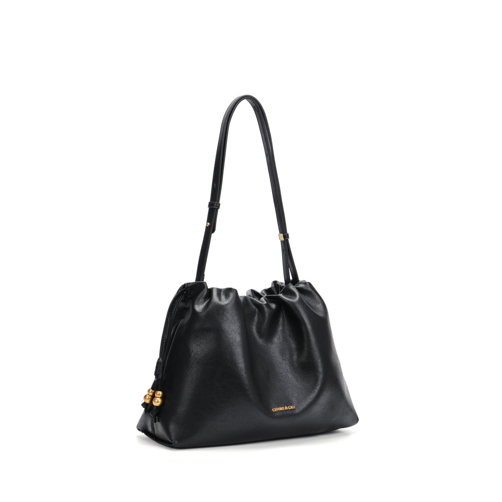 CEFIRO Soft Slouchy Shoulder Bag – Black Vegan Leather Drawstring Hobo Bag