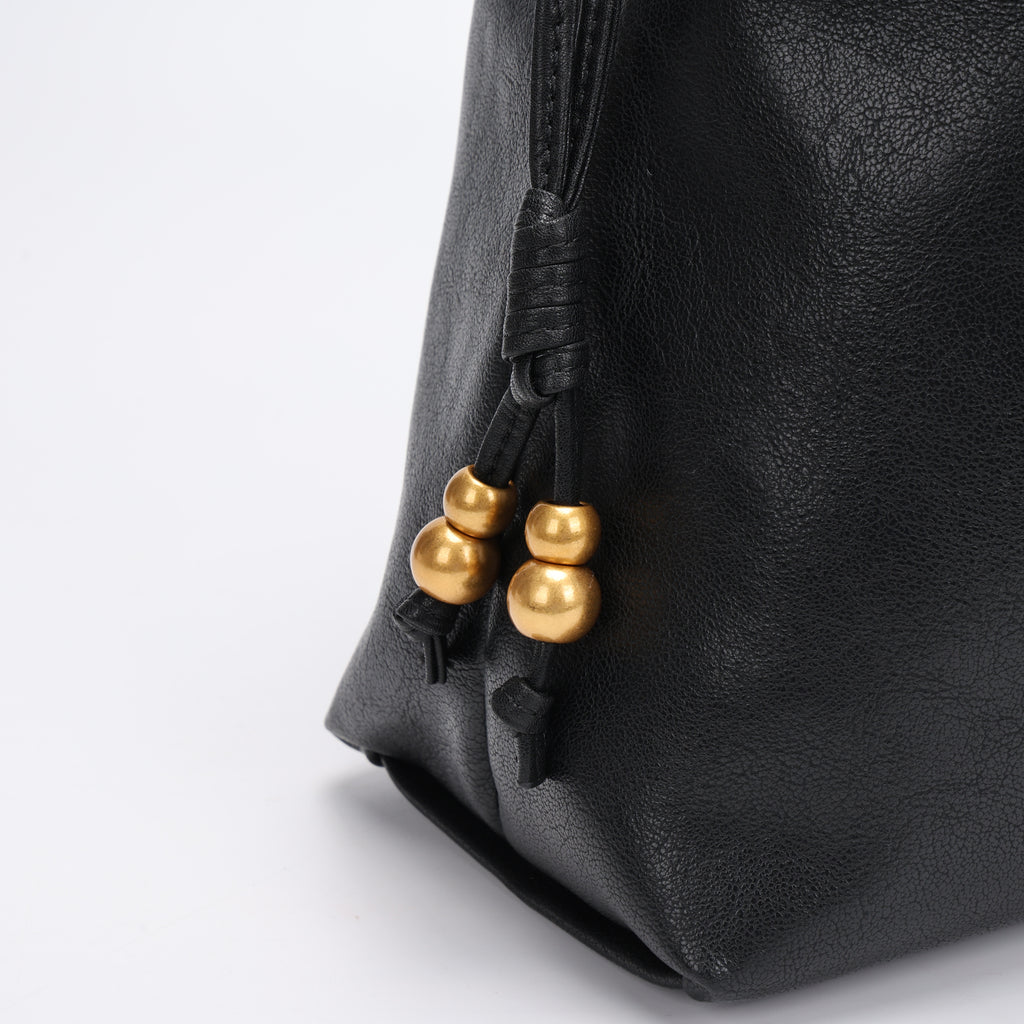 CEFIRO Soft Slouchy Shoulder Bag – Black Vegan Leather Drawstring Hobo Bag