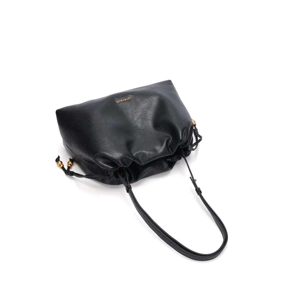 CEFIRO Soft Slouchy Shoulder Bag – Black Vegan Leather Drawstring Hobo Bag