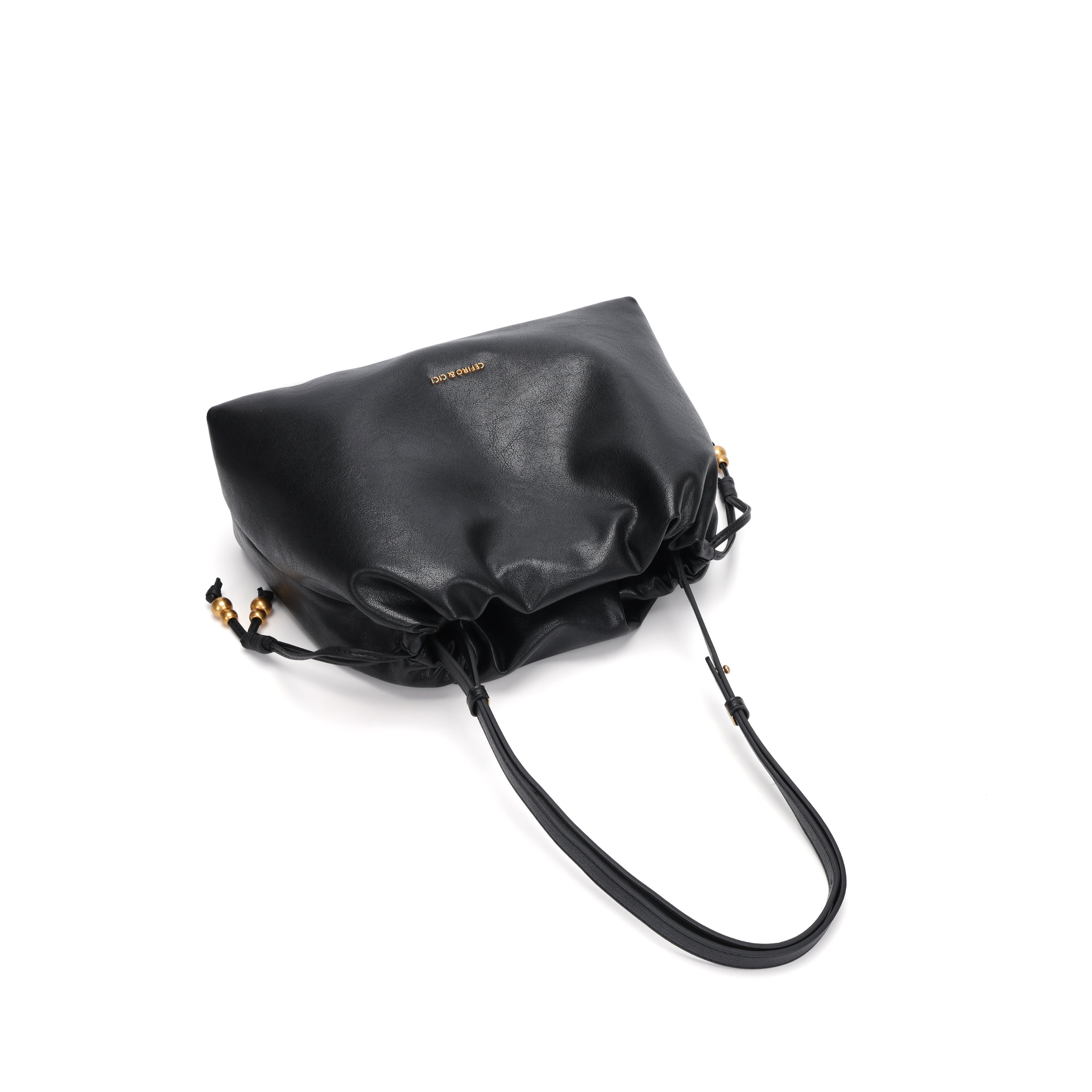 CEFIRO Soft Slouchy Shoulder Bag – Black Vegan Leather Drawstring Hobo Bag
