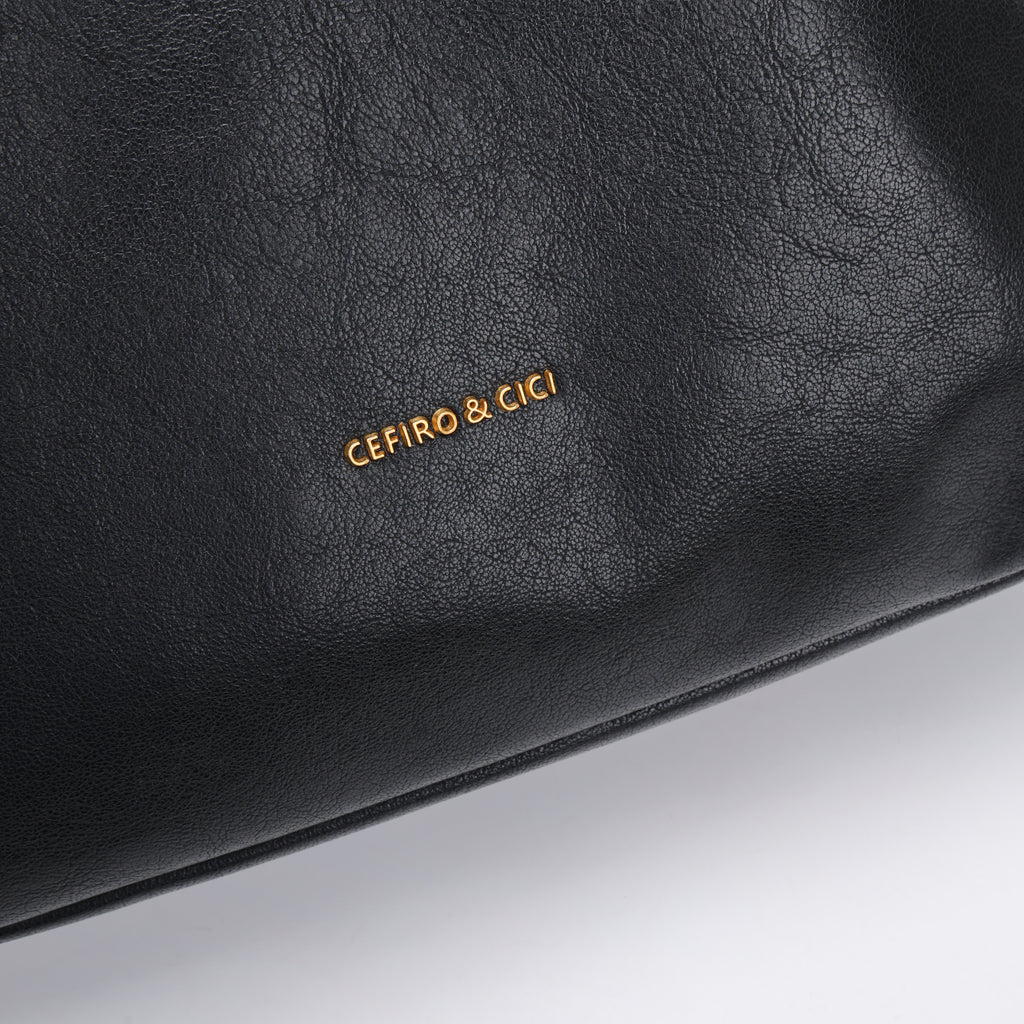 CEFIRO Soft Slouchy Shoulder Bag – Black Vegan Leather Drawstring Hobo Bag