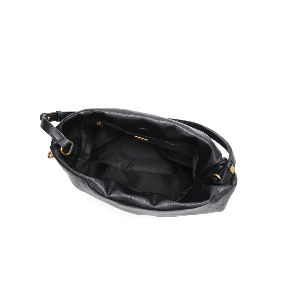 CEFIRO Soft Slouchy Shoulder Bag – Black Vegan Leather Drawstring Hobo Bag