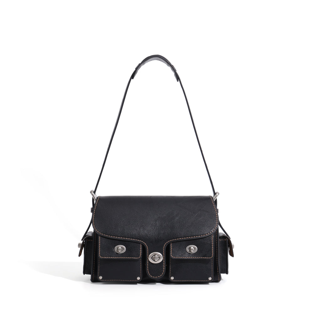 CEFIRO Vintage Multi-Pocket Shoulder Bag – Black Leather Crossbody Messenger Bag