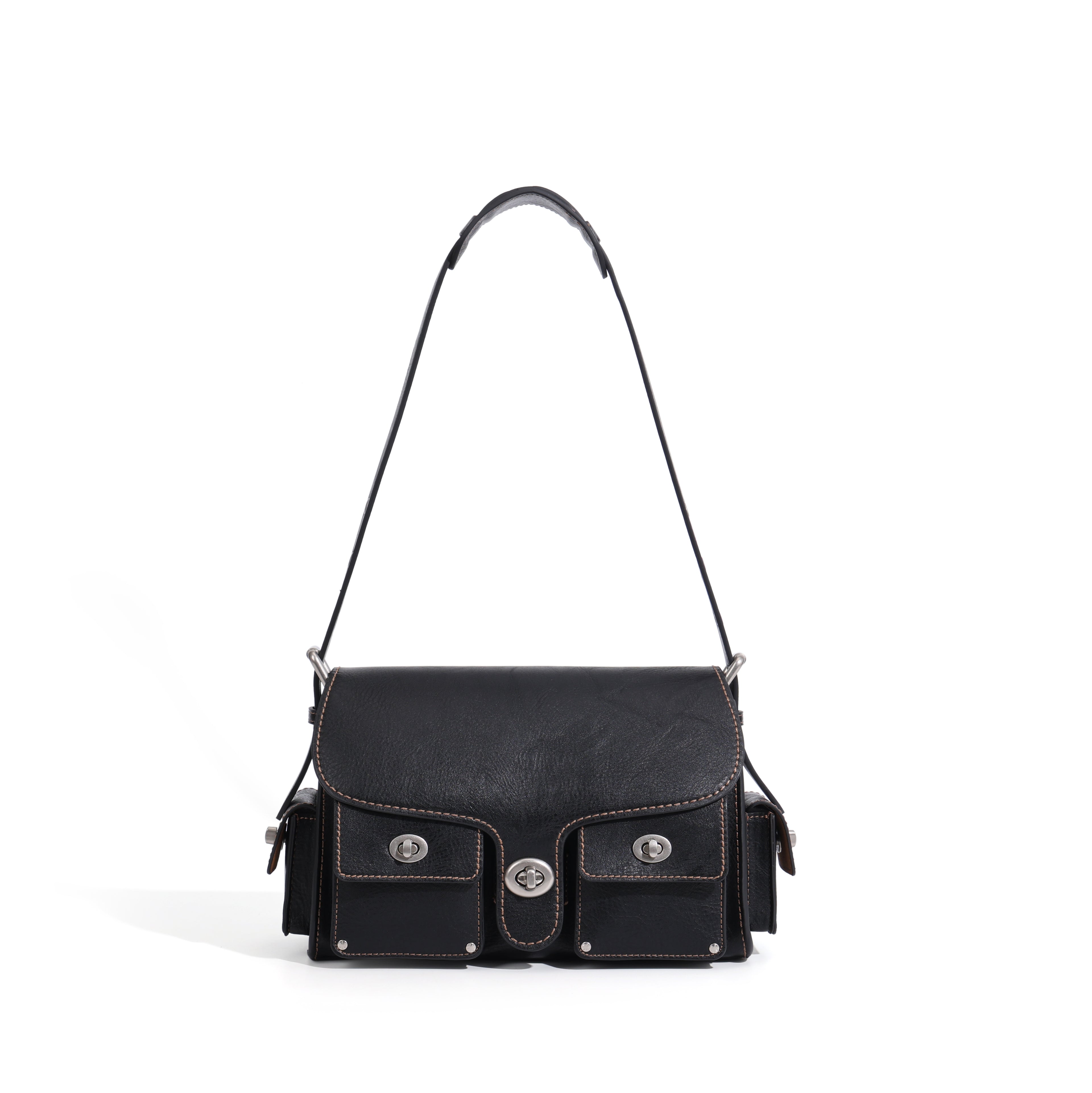 CEFIRO Vintage Multi-Pocket Shoulder Bag – Black Leather Crossbody Messenger Bag