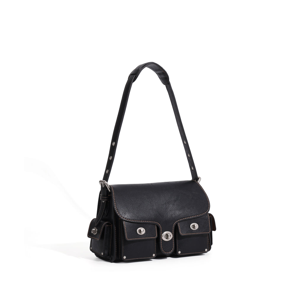 CEFIRO Vintage Multi-Pocket Shoulder Bag – Black Leather Crossbody Messenger Bag