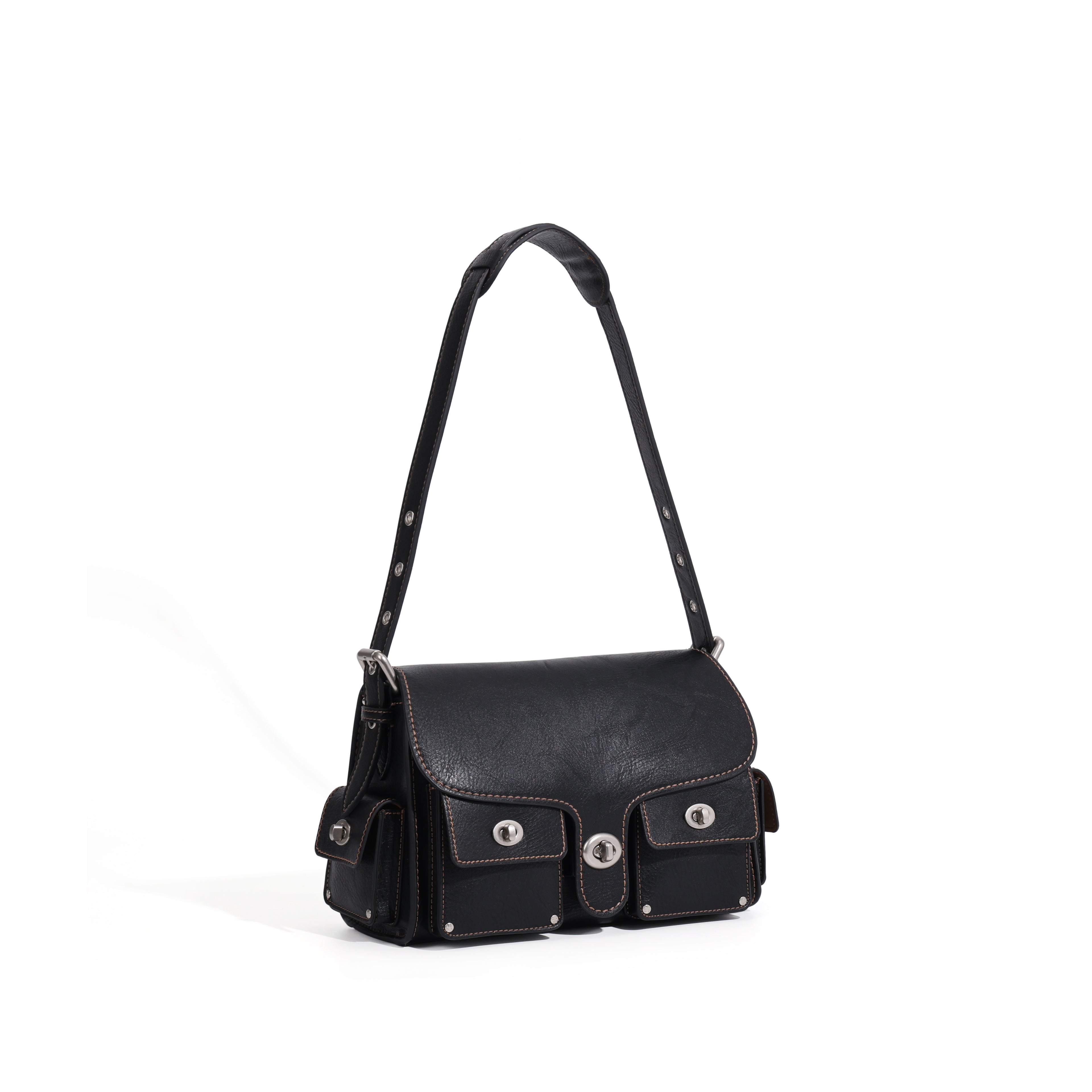 CEFIRO Vintage Multi-Pocket Shoulder Bag – Black Leather Crossbody Messenger Bag