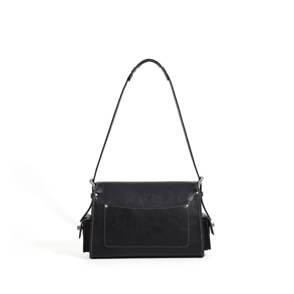 CEFIRO Vintage Multi-Pocket Shoulder Bag – Black Leather Crossbody Messenger Bag