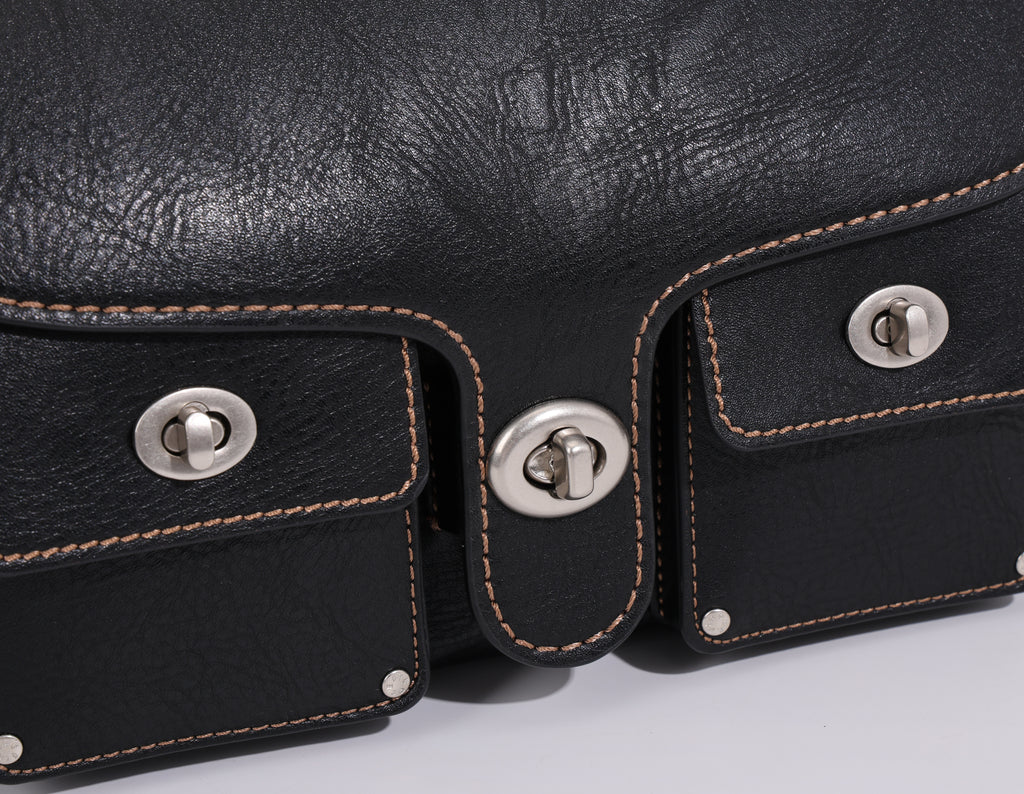 CEFIRO Vintage Multi-Pocket Shoulder Bag – Black Leather Crossbody Messenger Bag