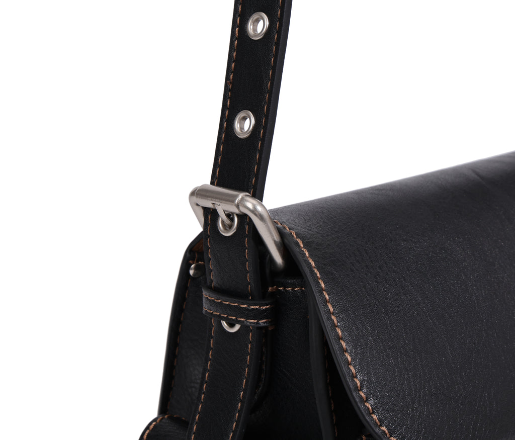 CEFIRO Vintage Multi-Pocket Shoulder Bag – Black Leather Crossbody Messenger Bag