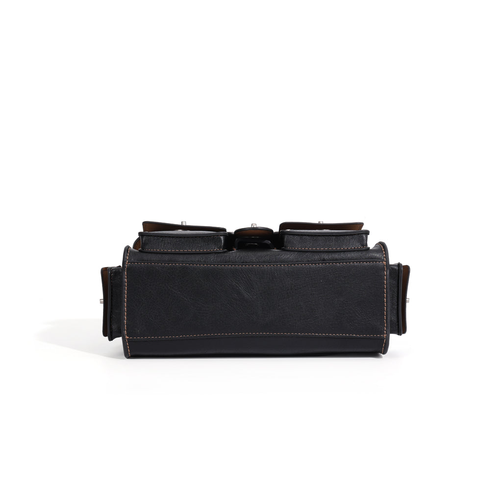 CEFIRO Vintage Multi-Pocket Shoulder Bag – Black Leather Crossbody Messenger Bag