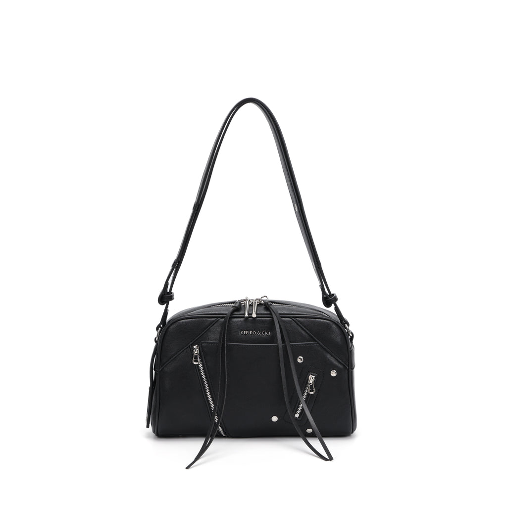 CEFIRO Moto Studded Shoulder Bag – Black Vegan Leather Crossbody Bag