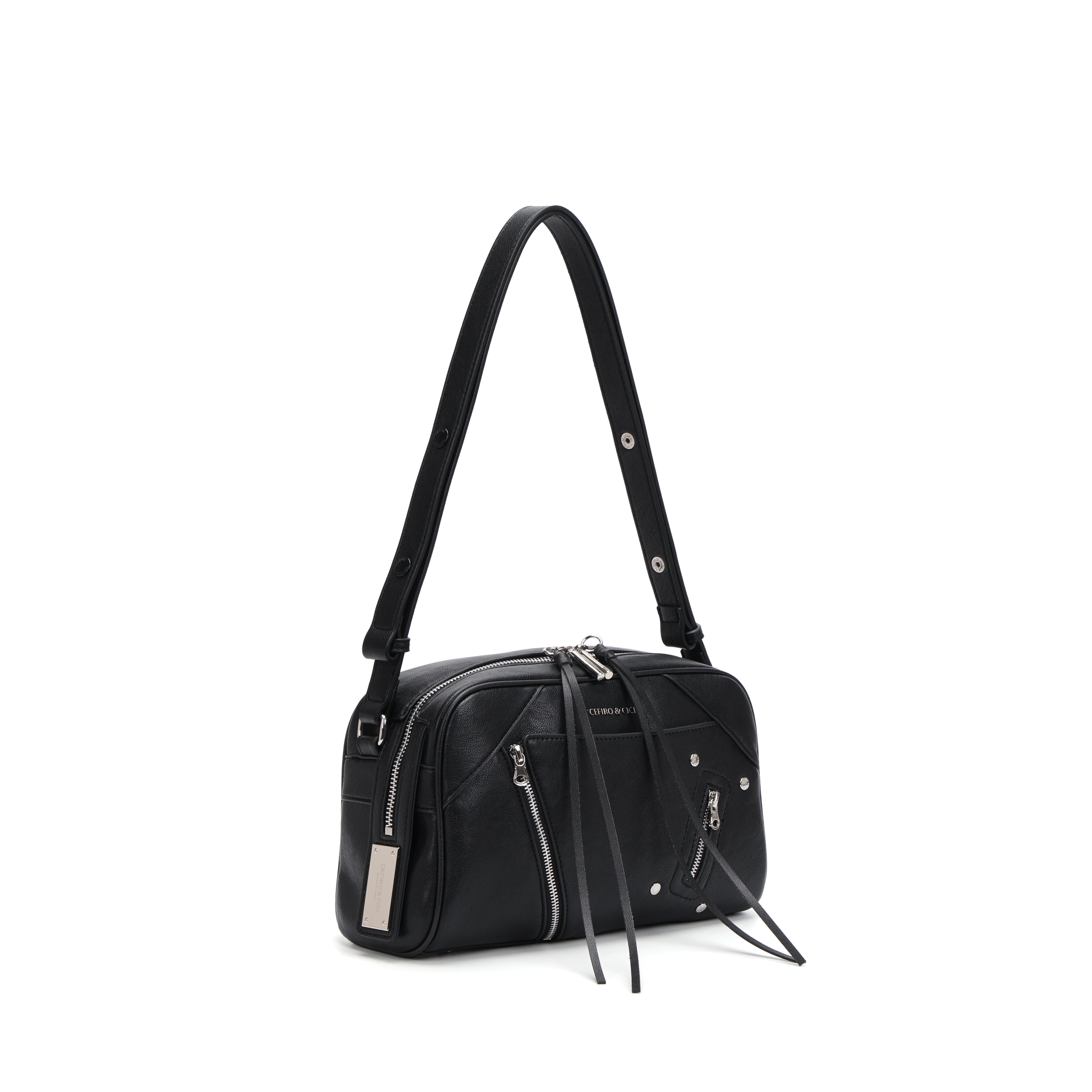 CEFIRO Moto Studded Shoulder Bag – Black Vegan Leather Crossbody Bag