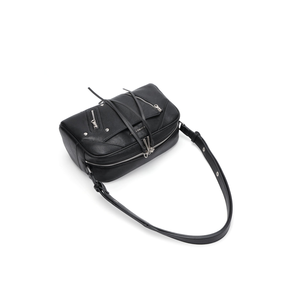 CEFIRO Moto Studded Shoulder Bag – Black Vegan Leather Crossbody Bag