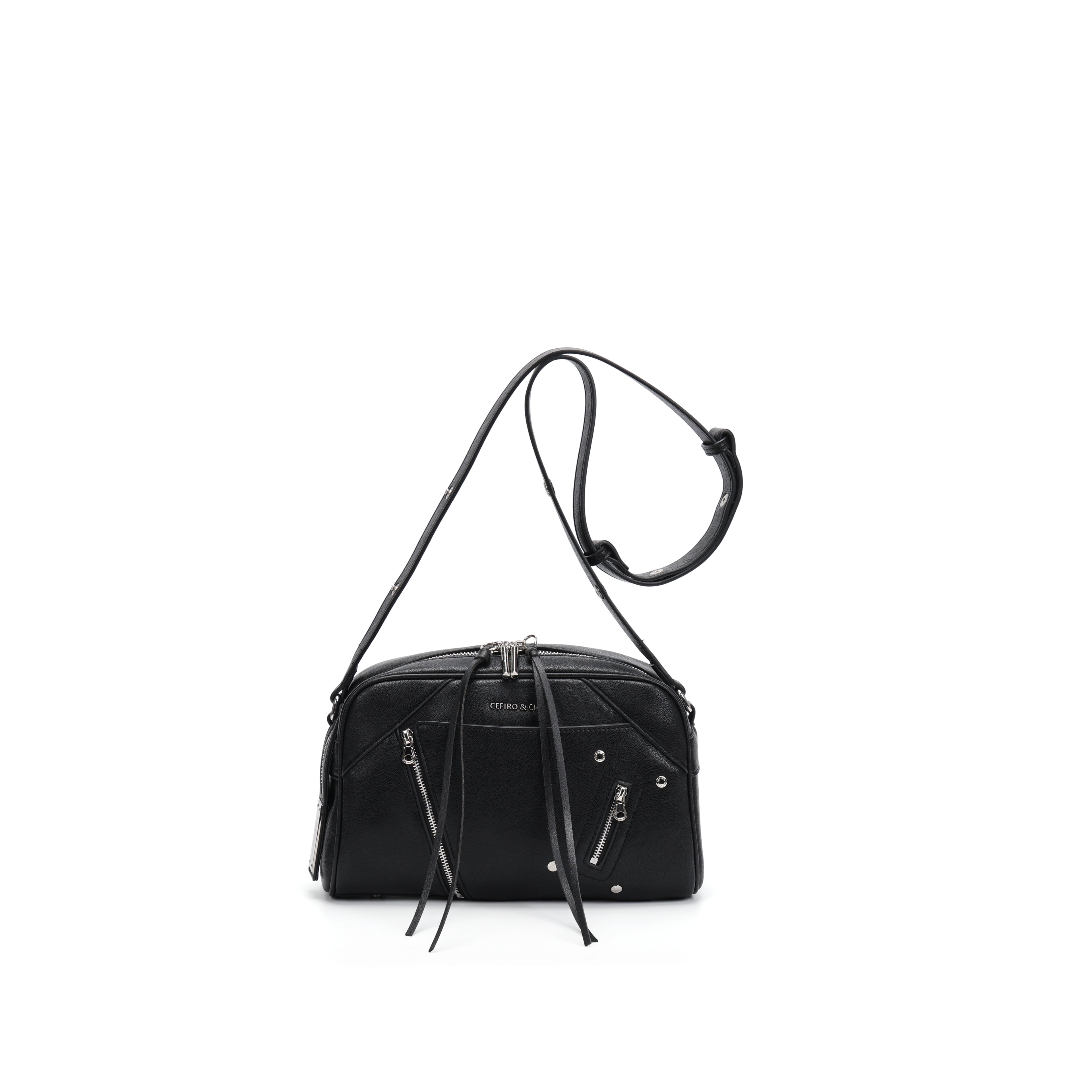 CEFIRO Moto Studded Shoulder Bag – Black Vegan Leather Crossbody Bag