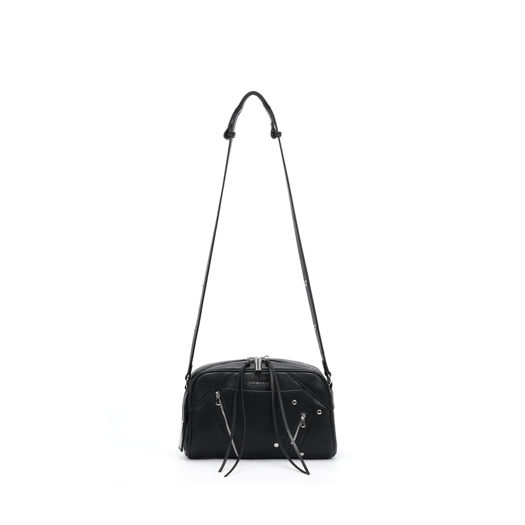 CEFIRO Moto Studded Shoulder Bag – Black Vegan Leather Crossbody Bag