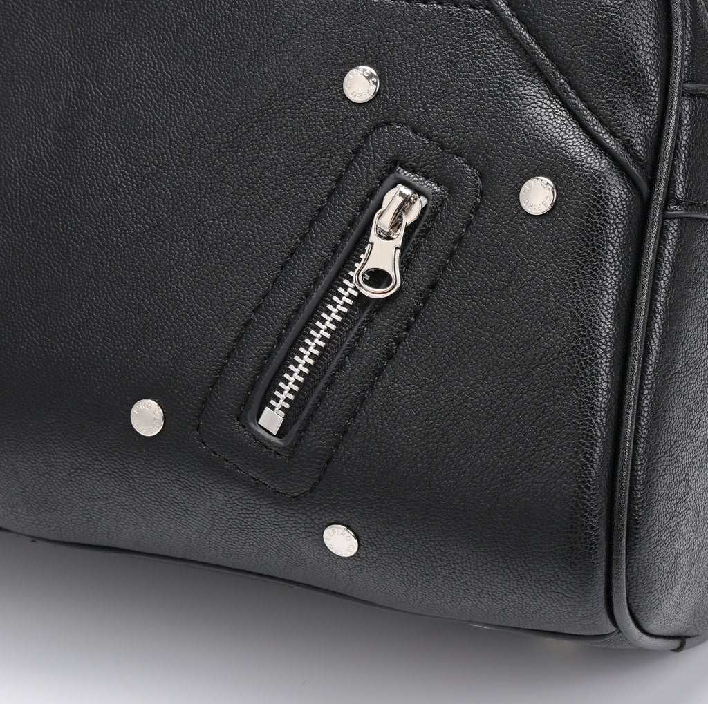 CEFIRO Moto Studded Shoulder Bag – Black Vegan Leather Crossbody Bag