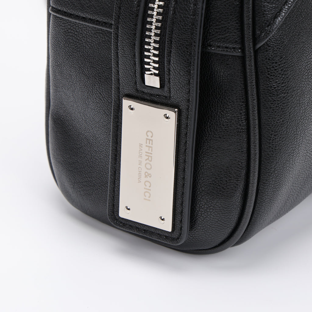 CEFIRO Moto Studded Shoulder Bag – Black Vegan Leather Crossbody Bag
