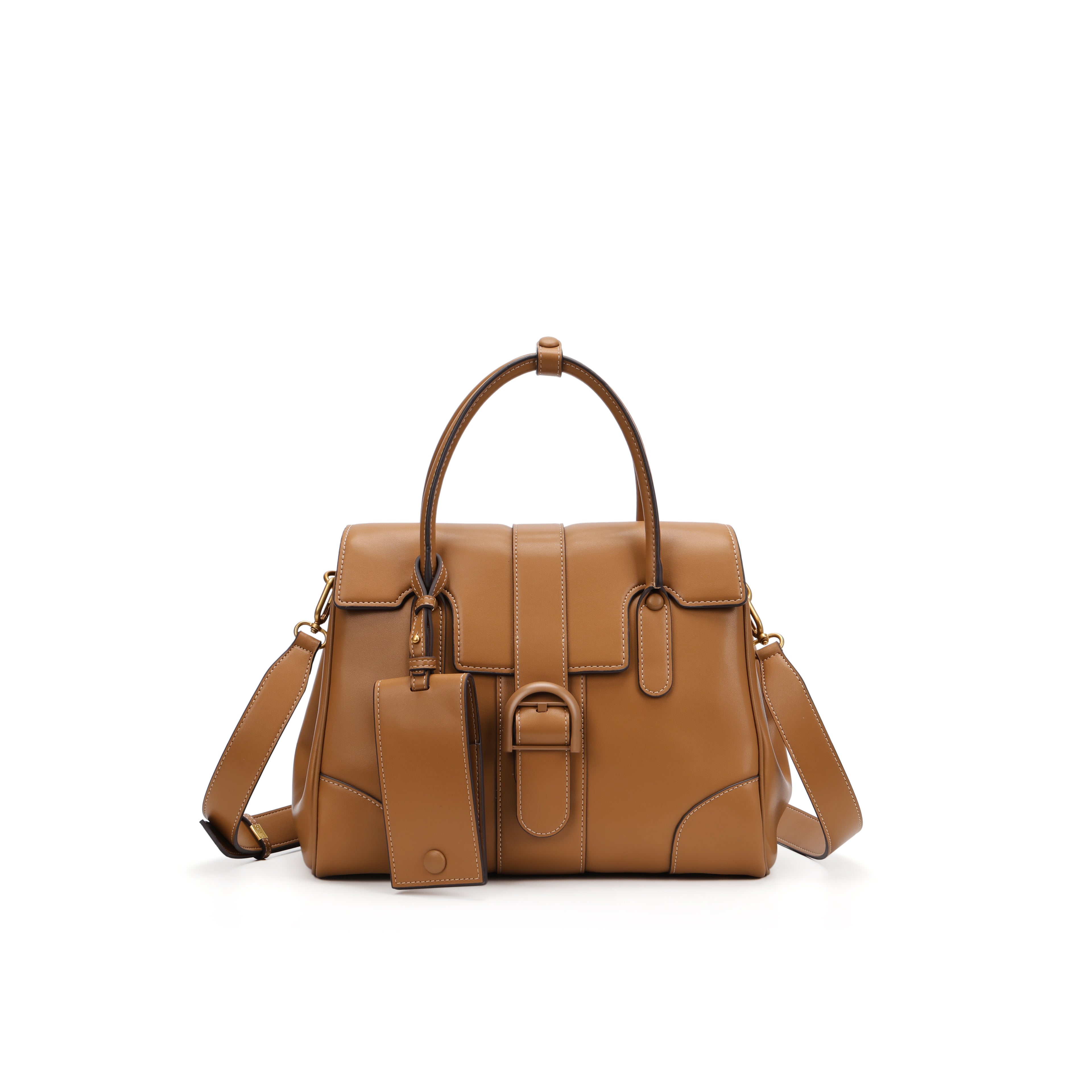 CEFIRO Structured Top Handle Bag – Brown Vegan Leather Shoulder Tote with Card Holder Charm