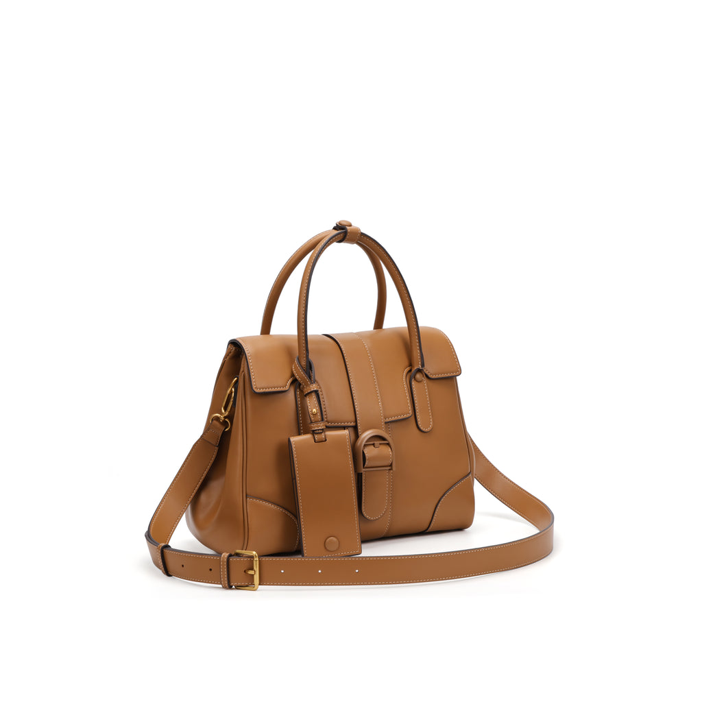 CEFIRO Structured Top Handle Bag – Brown Vegan Leather Shoulder Tote with Card Holder Charm