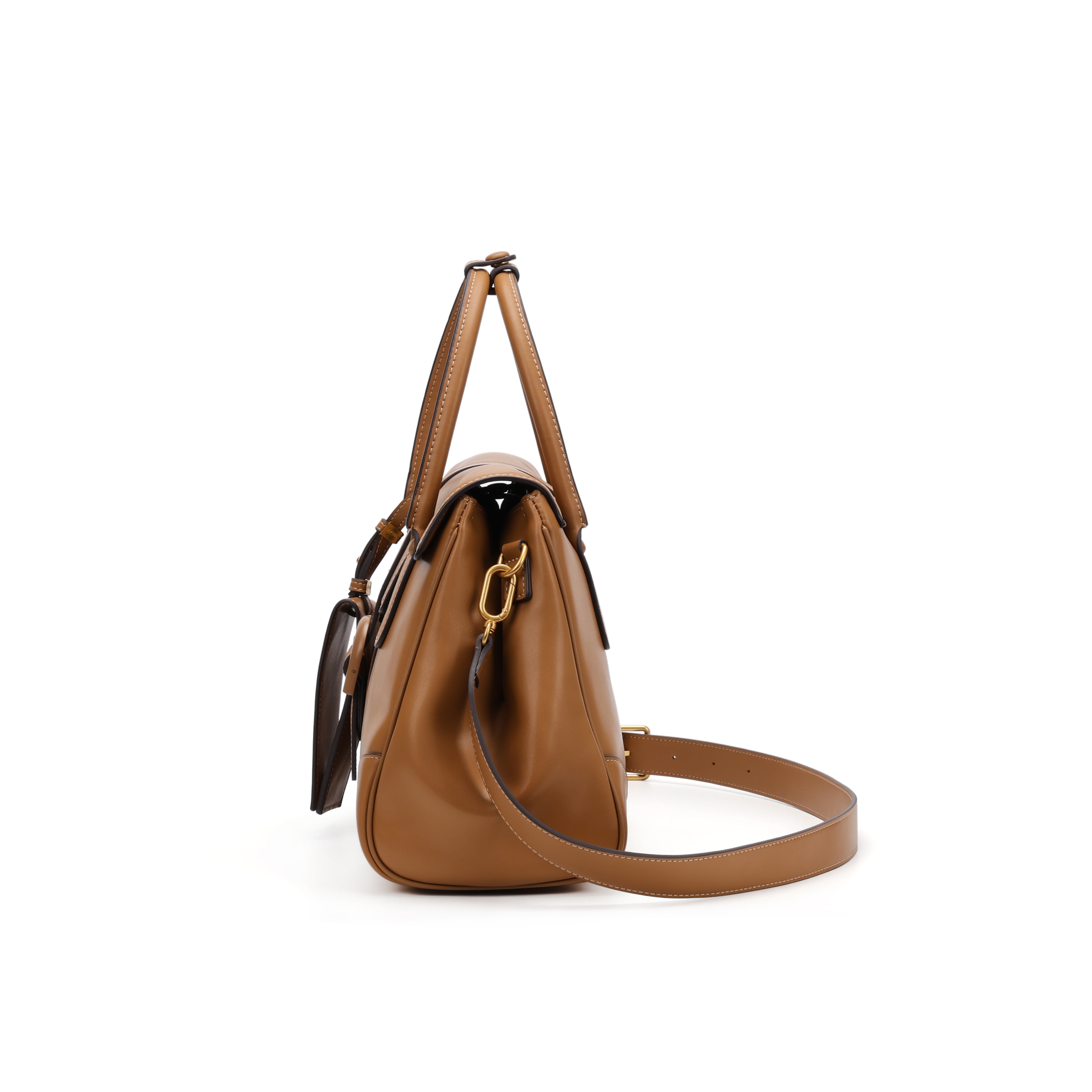 CEFIRO Structured Top Handle Bag – Brown Vegan Leather Shoulder Tote with Card Holder Charm
