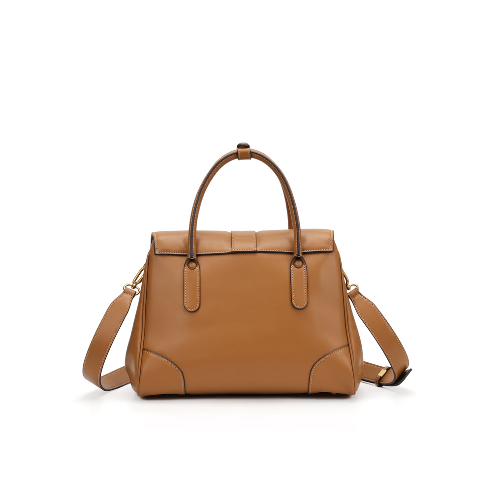 CEFIRO Structured Top Handle Bag – Brown Vegan Leather Shoulder Tote with Card Holder Charm