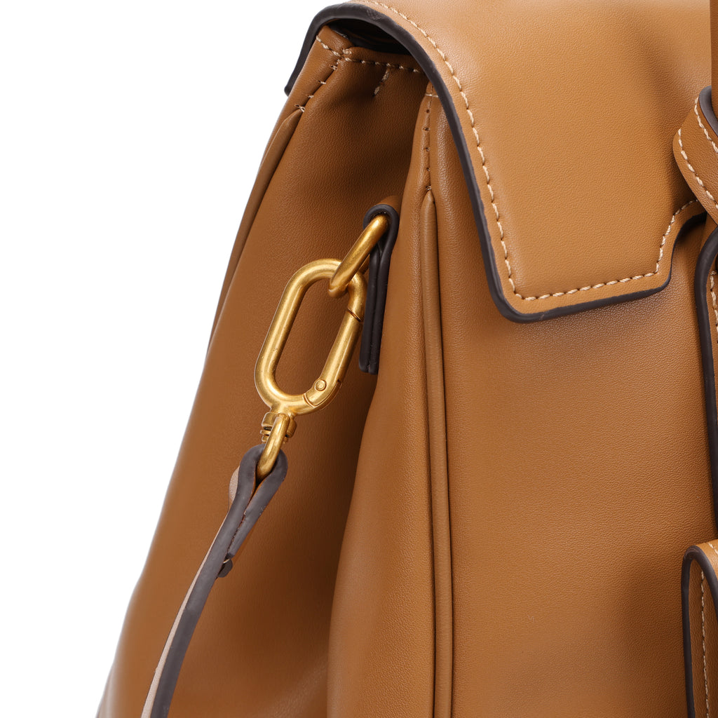 CEFIRO Structured Top Handle Bag – Brown Vegan Leather Shoulder Tote with Card Holder Charm