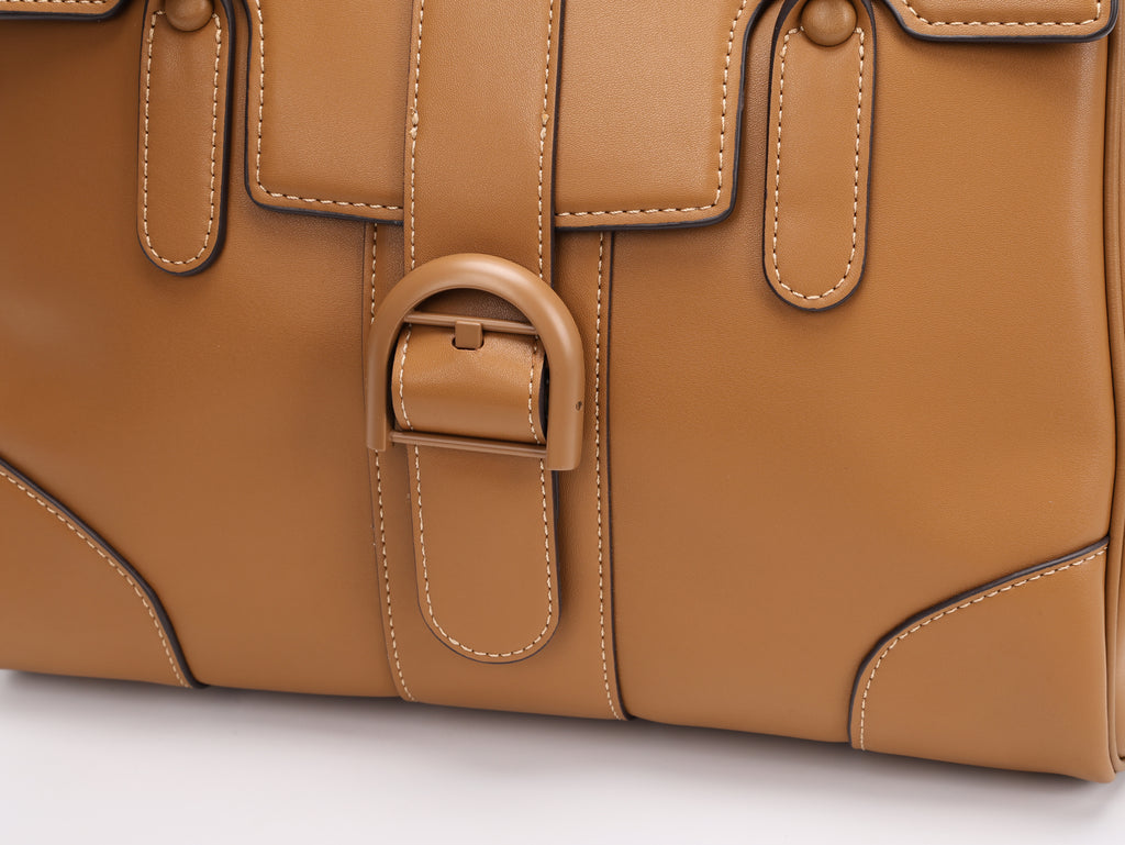 CEFIRO Structured Top Handle Bag – Brown Vegan Leather Shoulder Tote with Card Holder Charm