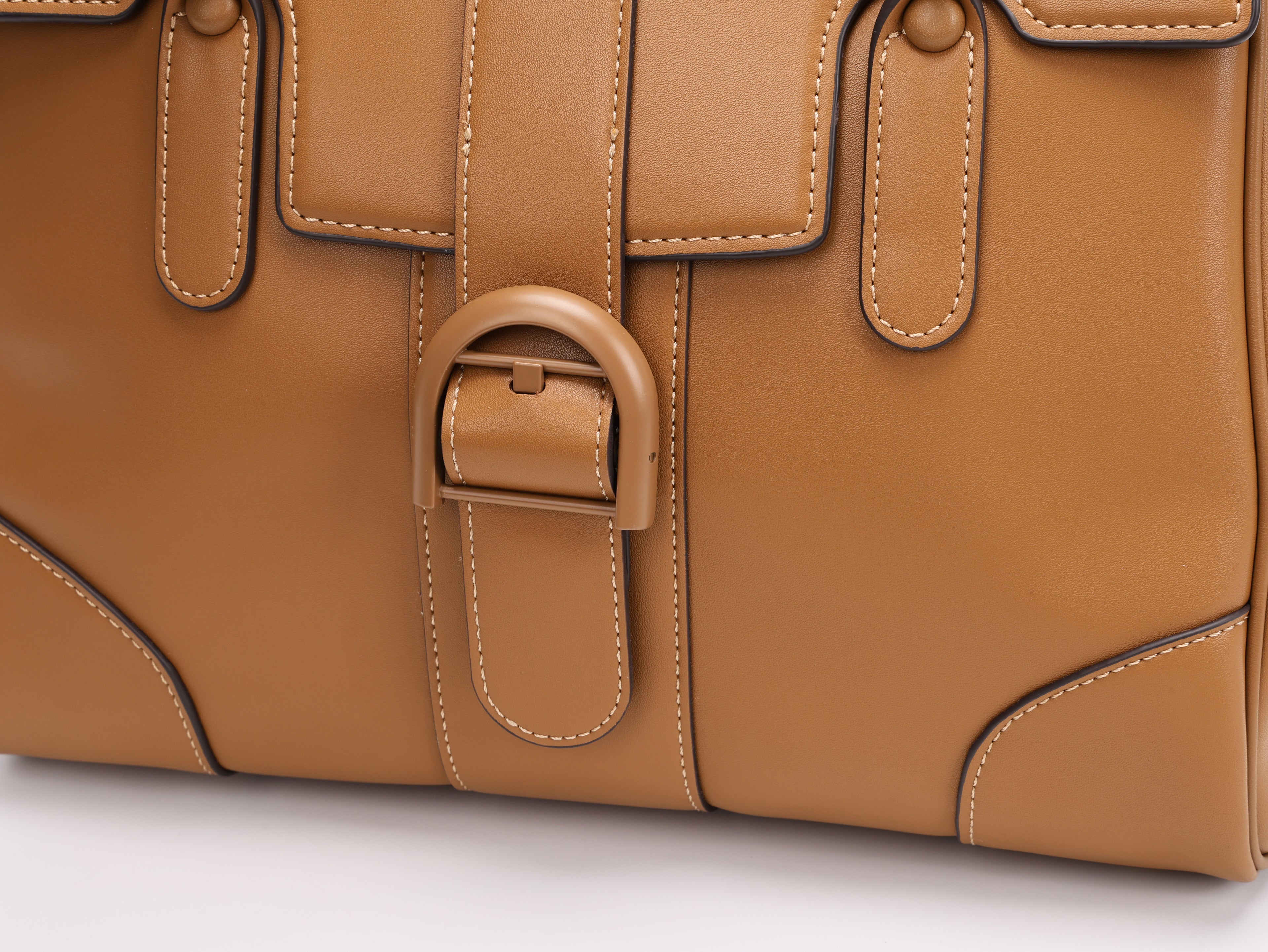 CEFIRO Structured Top Handle Bag – Brown Vegan Leather Shoulder Tote with Card Holder Charm